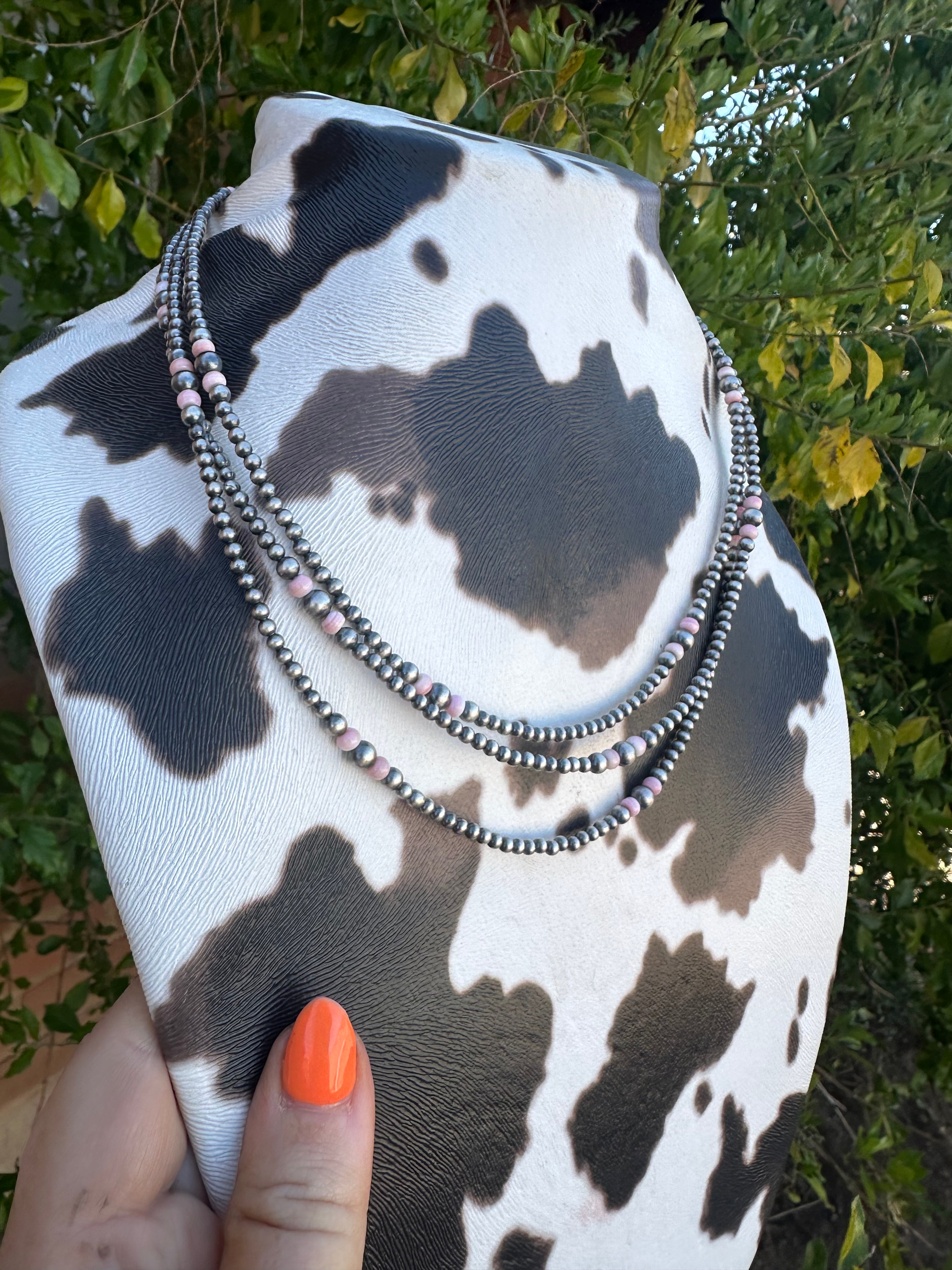 Handmade Sterling Silver 3-5mm Pink Conch Beaded Necklace 60”