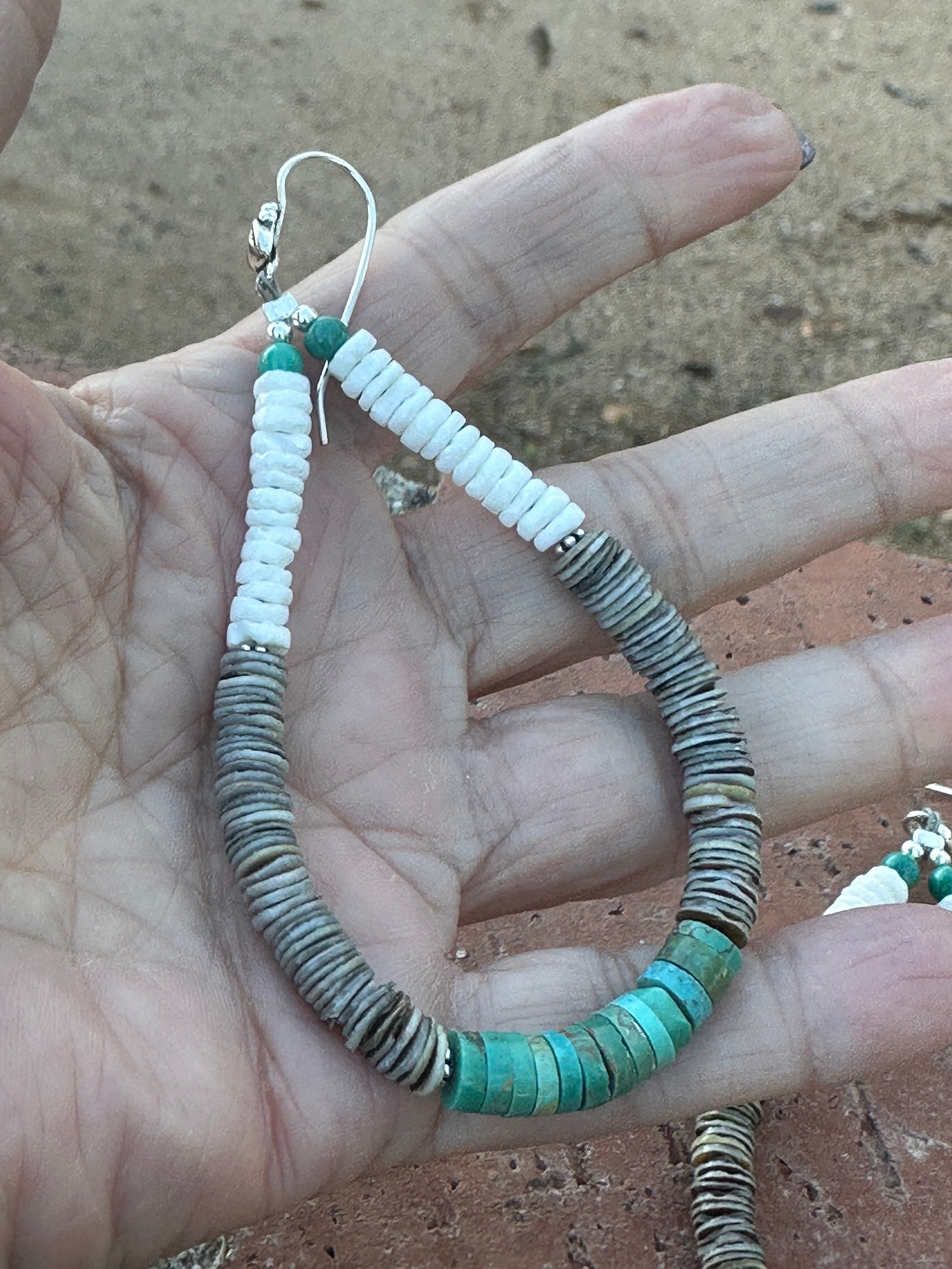 Handmade Turquoise & Heishi Beaded Hoop Earrings 4”