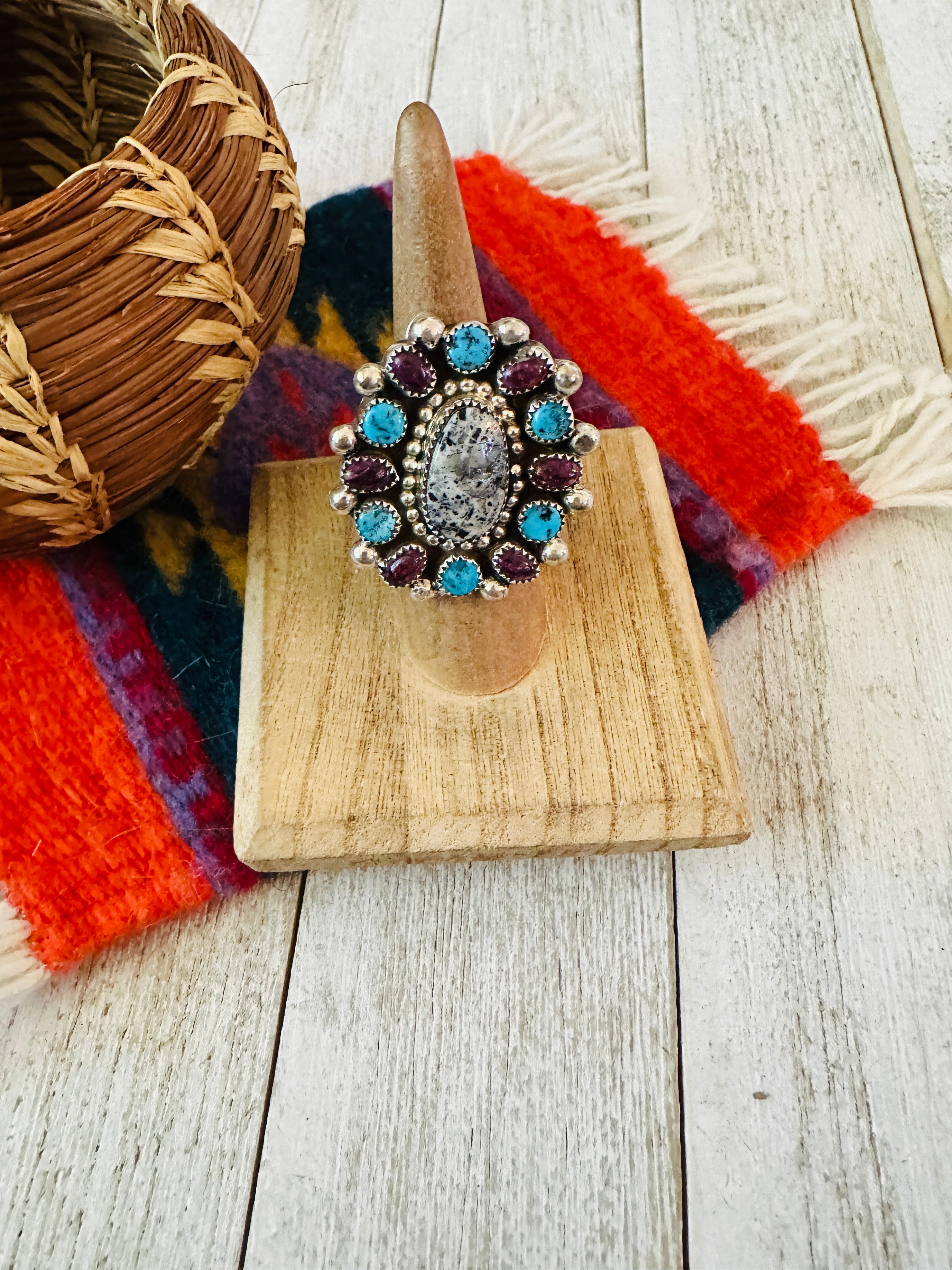 Handcrafted Sterling Silver & Multi Stone Cluster Adjustable Ring