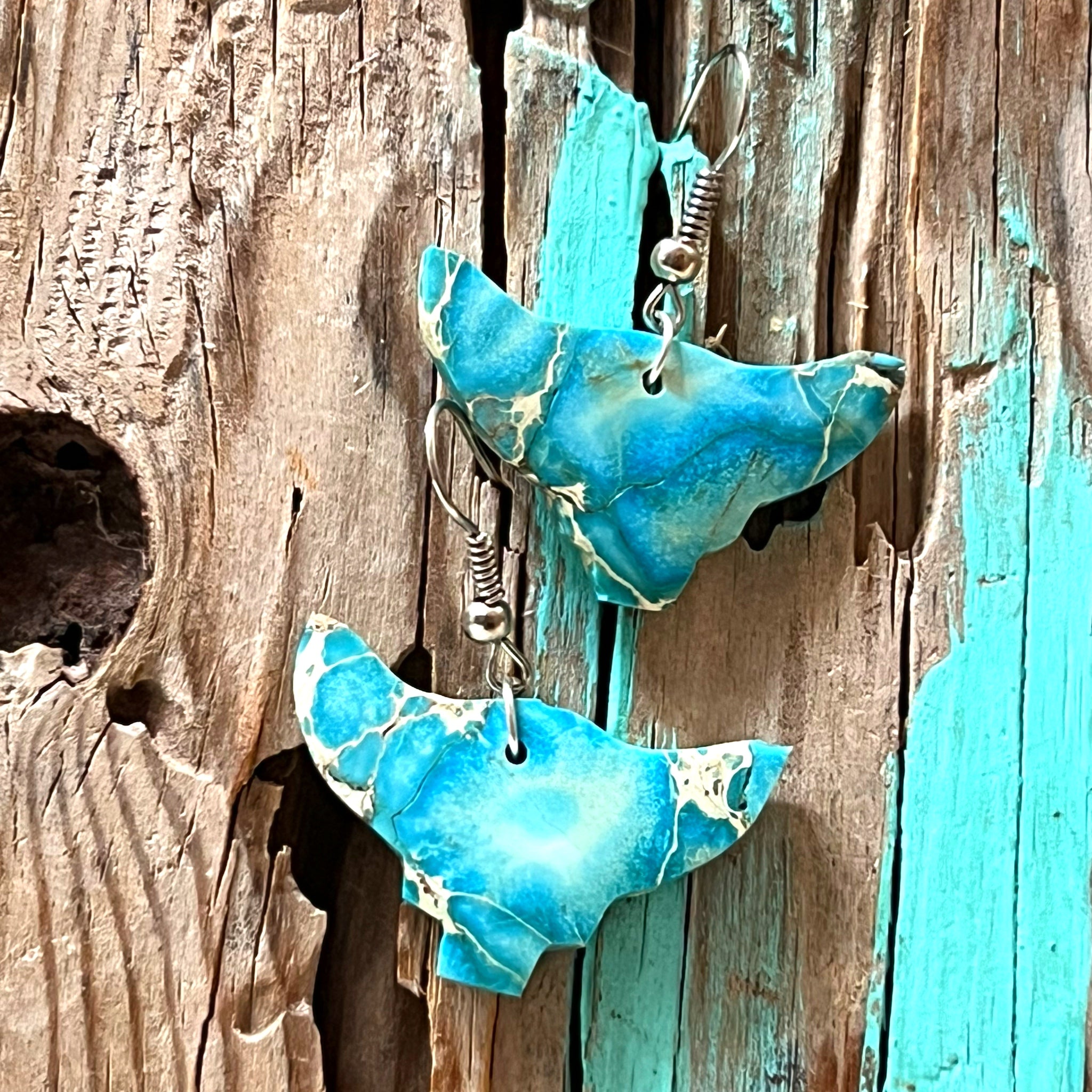 Handcrafted Indigo Turquoise Bull Head Slab Sterling Silver Earrings