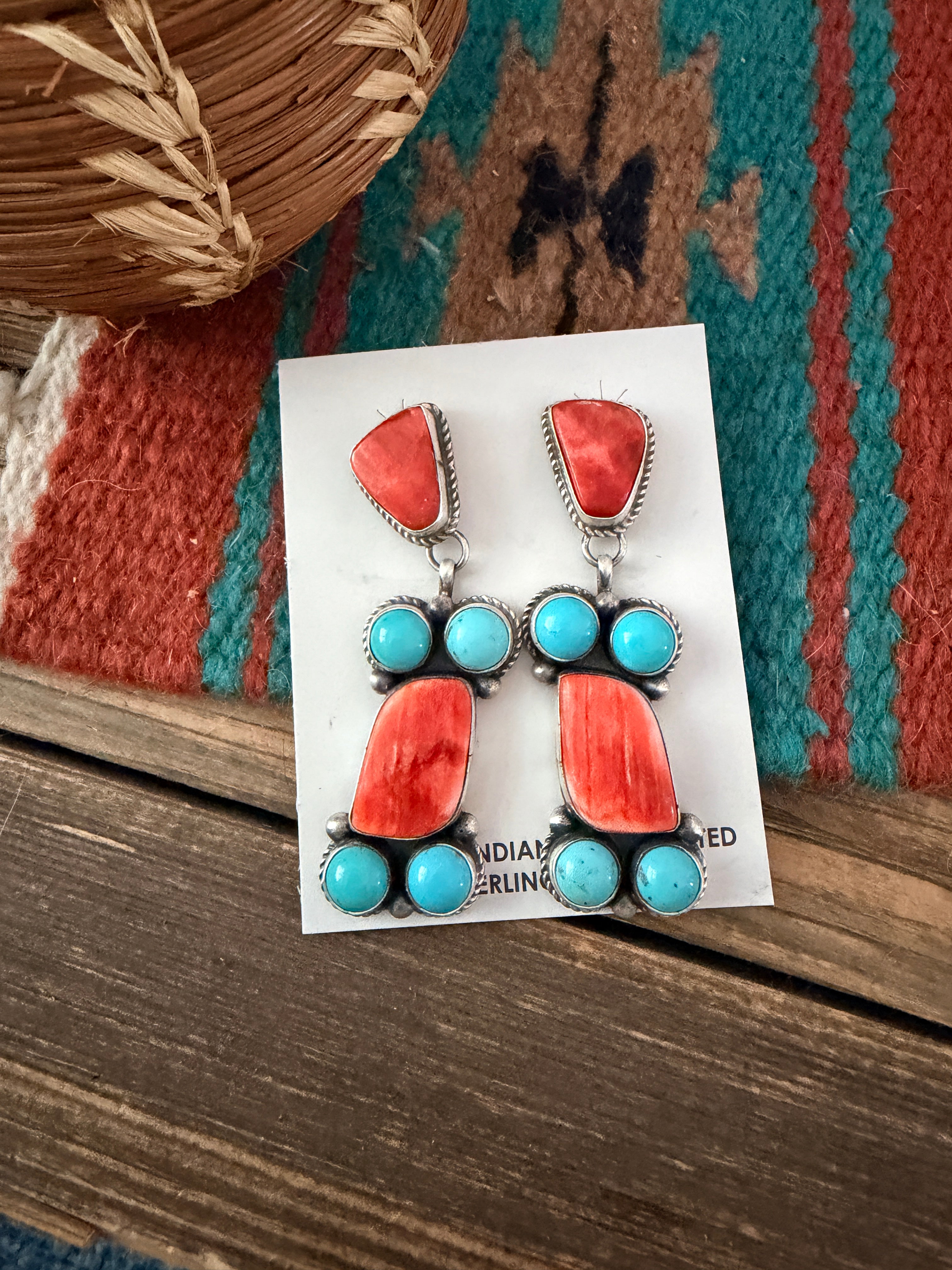 Handcrafted Sterling Silver, Turquoise & Spiny Oyster Dangle Earrings