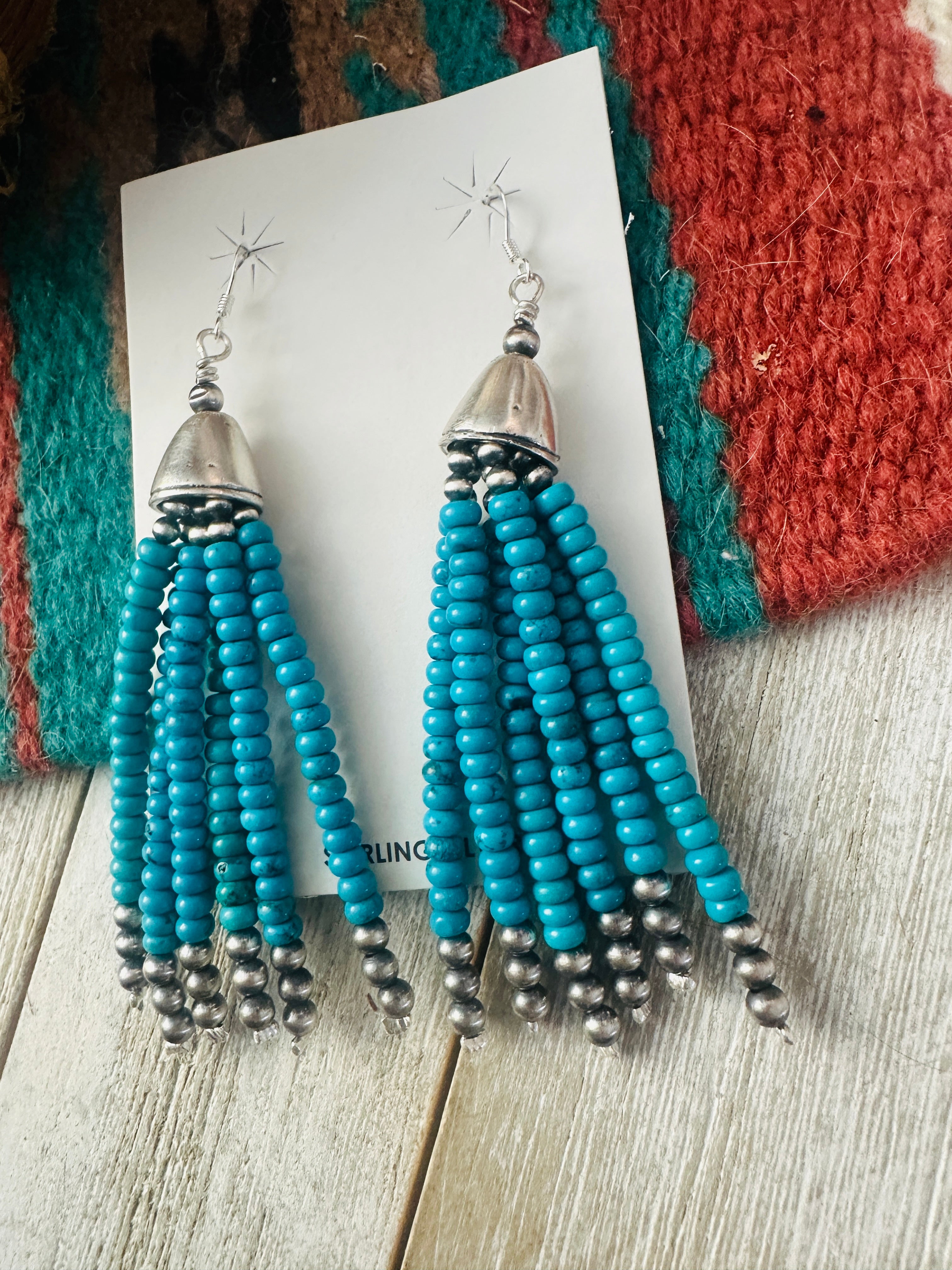 Handcrafted Turquoise & Sterling Silver Pearl Beaded Tassel Dangle Earrings