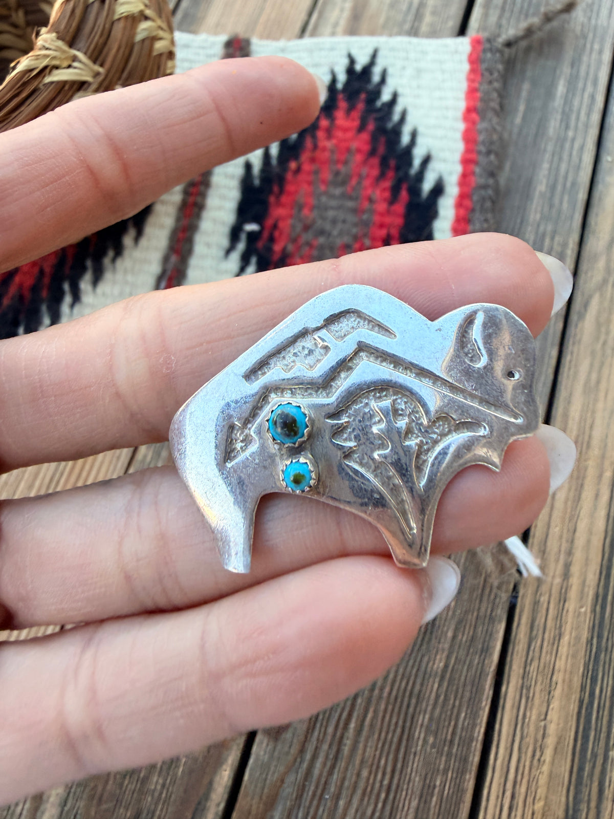 Old Pawn Handcrafted Turquoise & Sterling Silver Fetish Buffalo Brooch