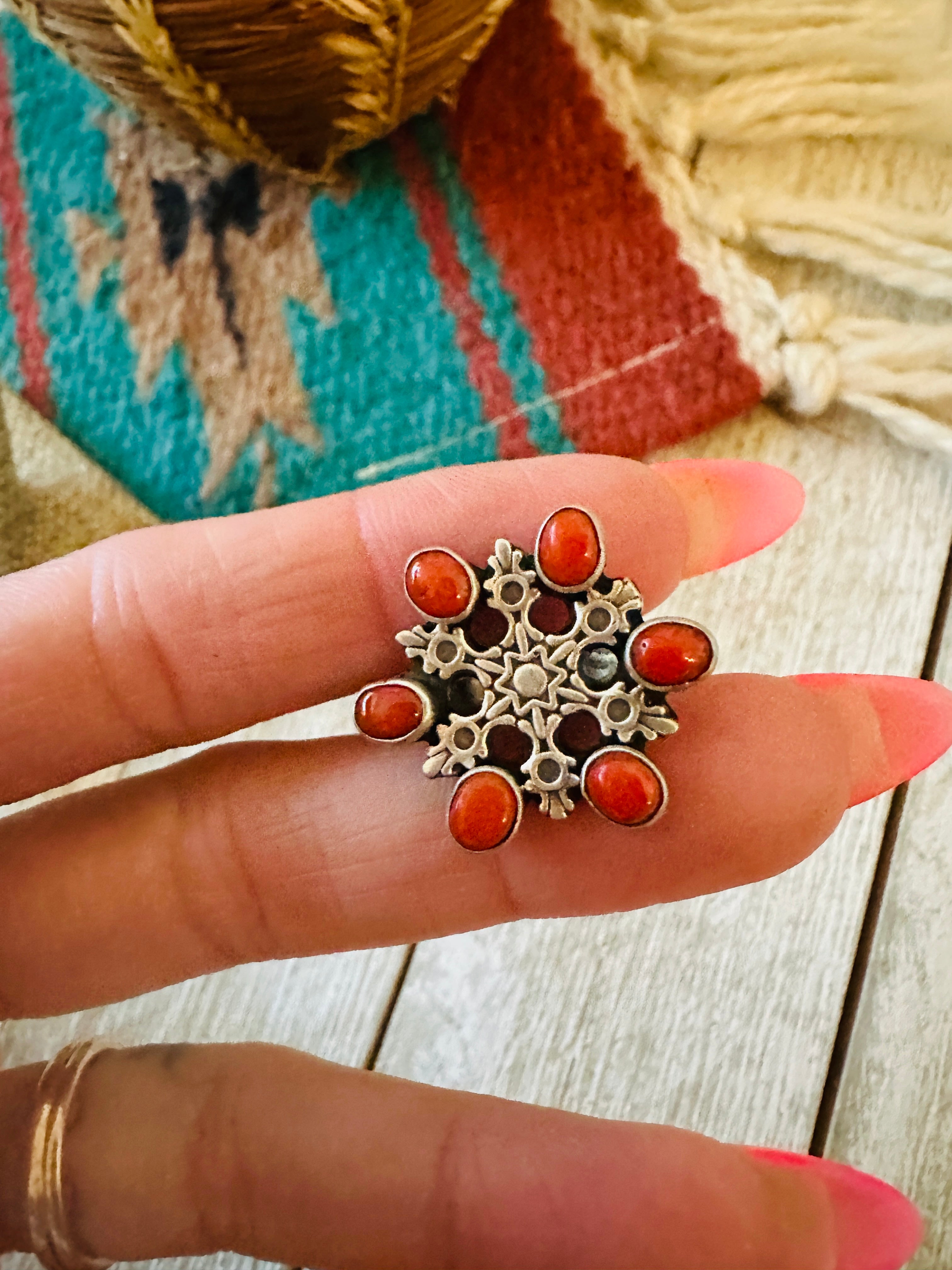 ** Christmas Collection ** Handmade Sterling Silver & Coral Adjustable Snowflake Ring Signed Nizhoni