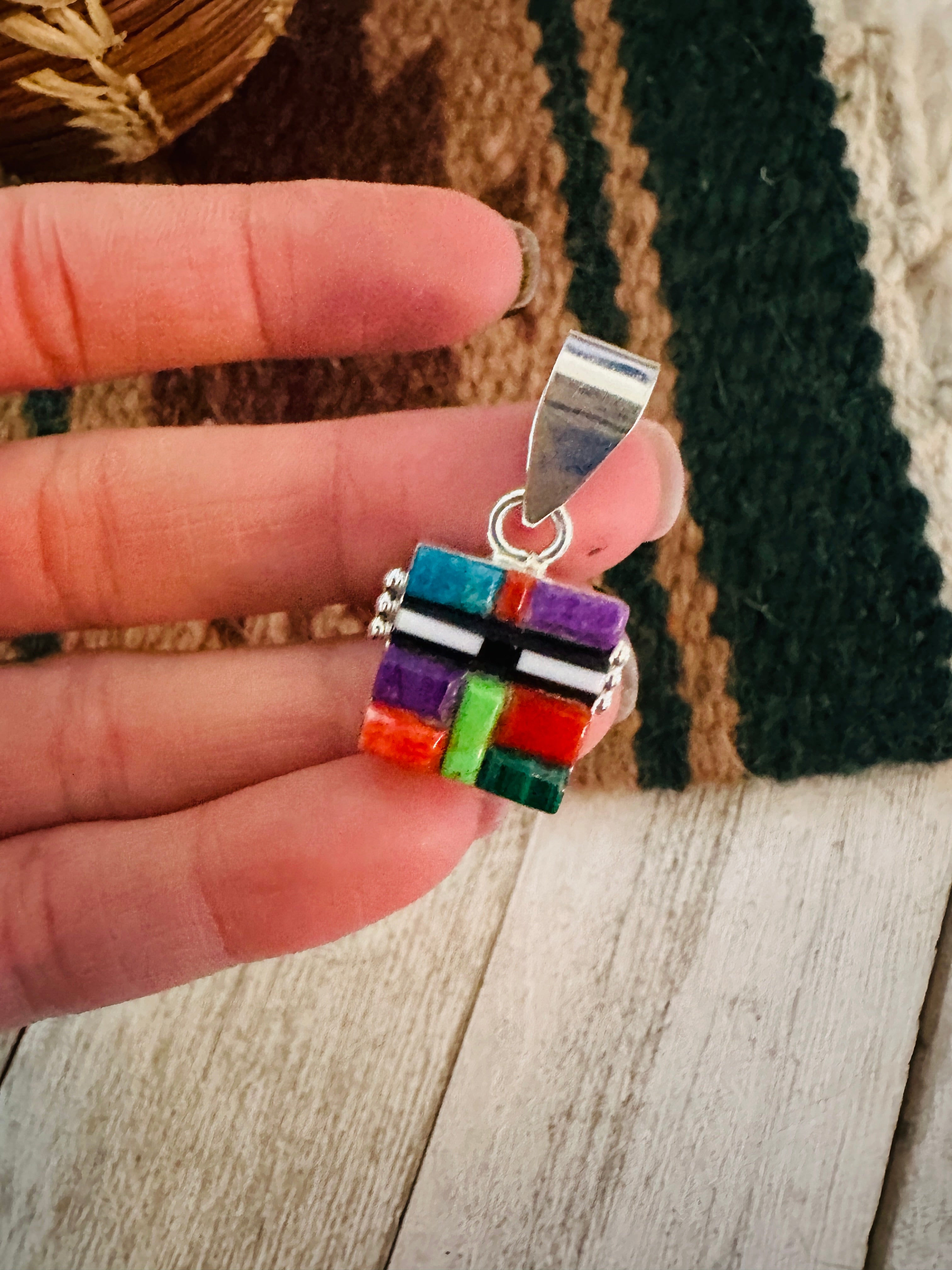 Handcrafted Multi Stone & Sterling Silver Inlay Double Sided Pendant