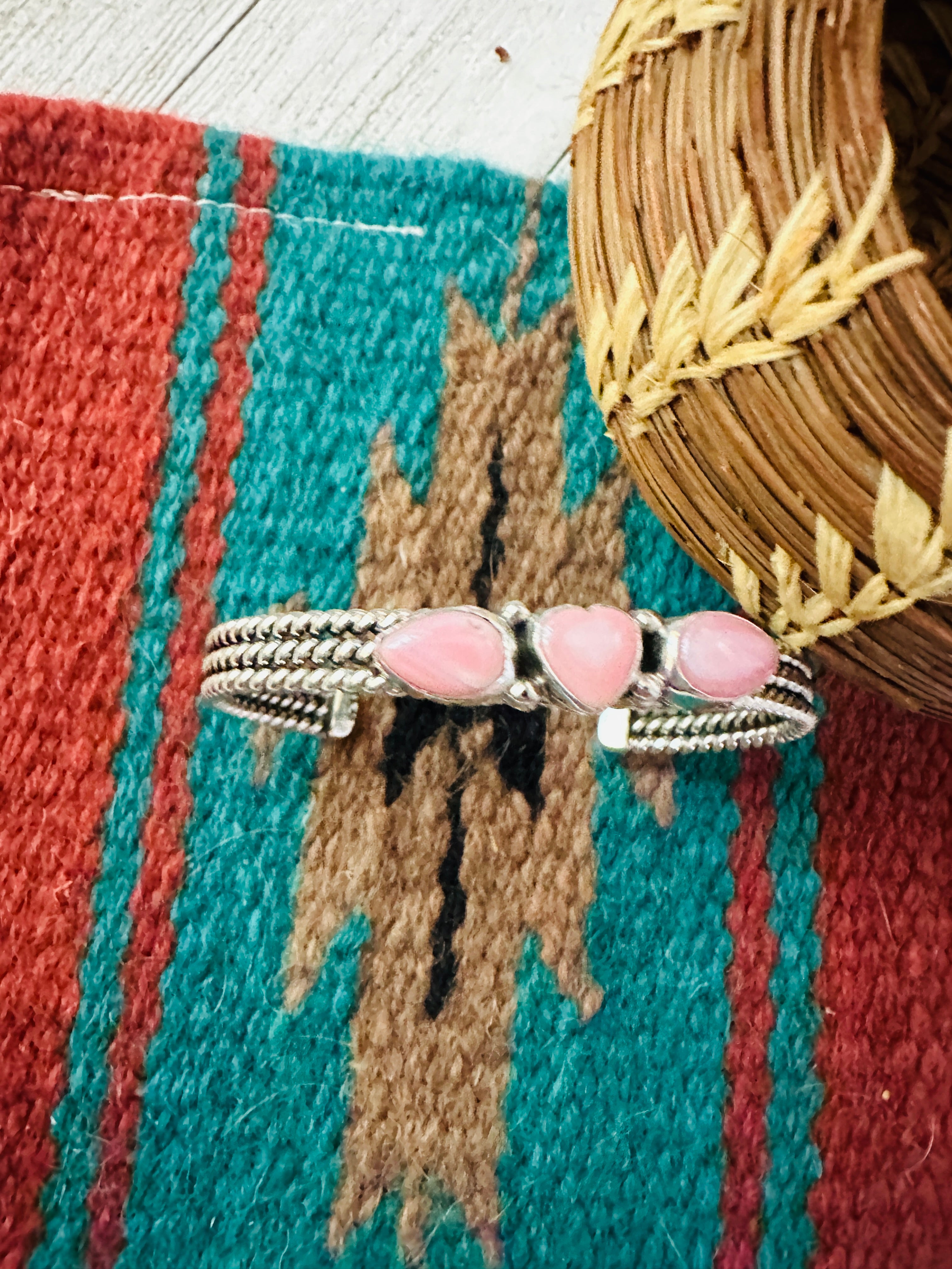 Handcrafted Queen Pink Conch Shell & Sterling Silver Heart Cuff Bracelet