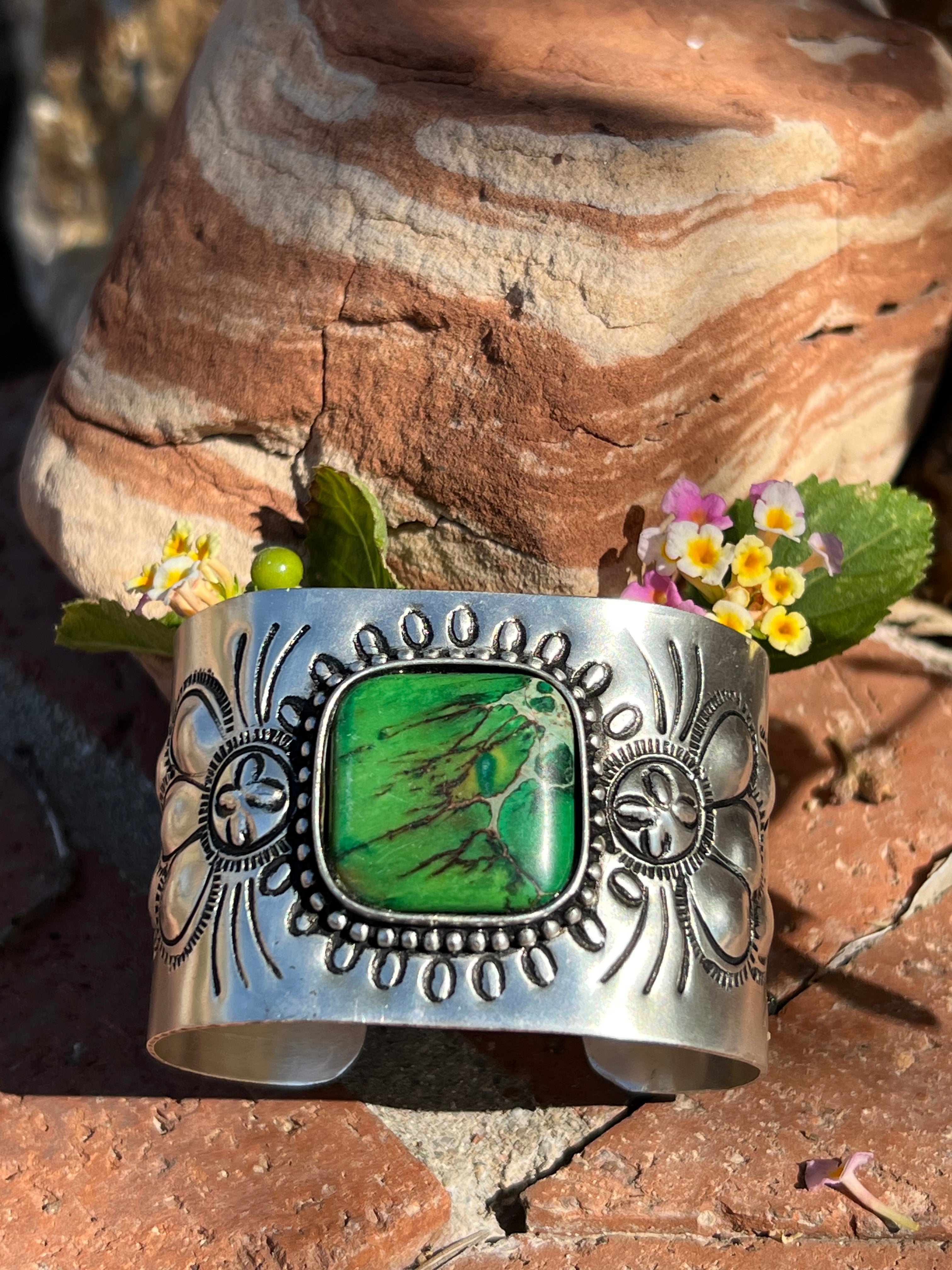 Engraved Silver Plated Cuff Bracelet with Green Stone