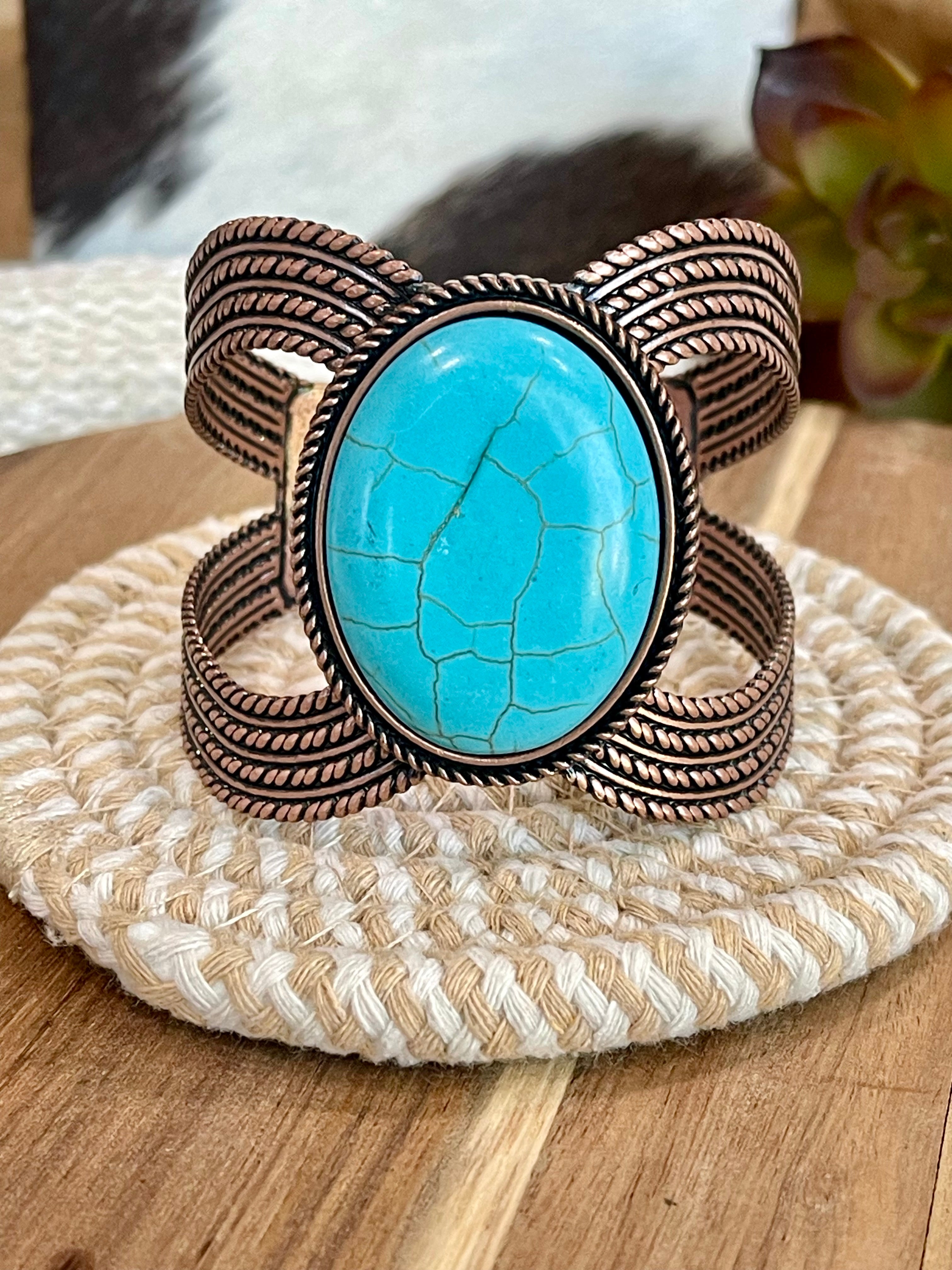 Vintage Handmade Copper & Faux Turquoise Cuff