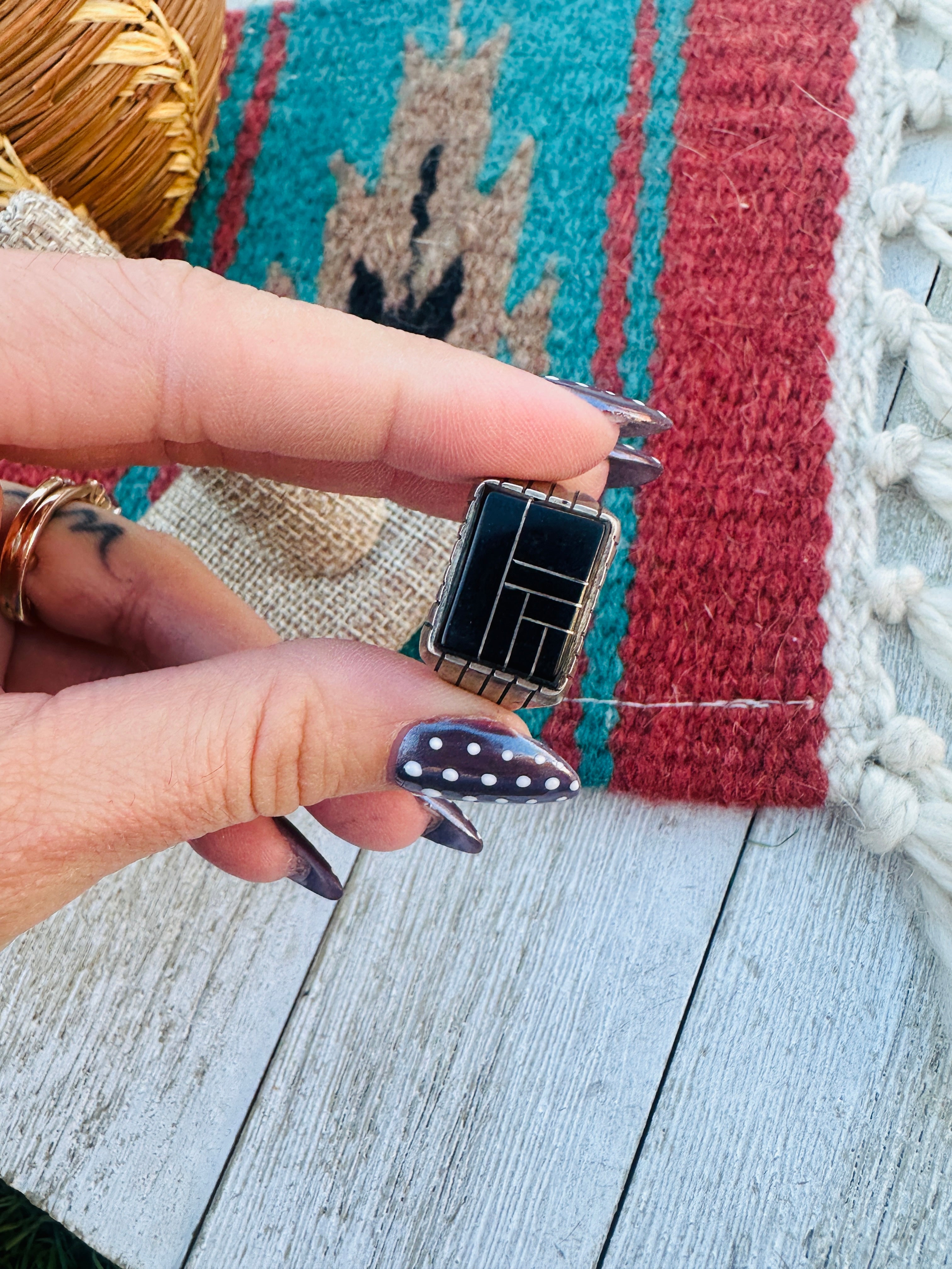 Old Pawn Handcrafted Onyx & Sterling Silver Inlay Ring Size 12