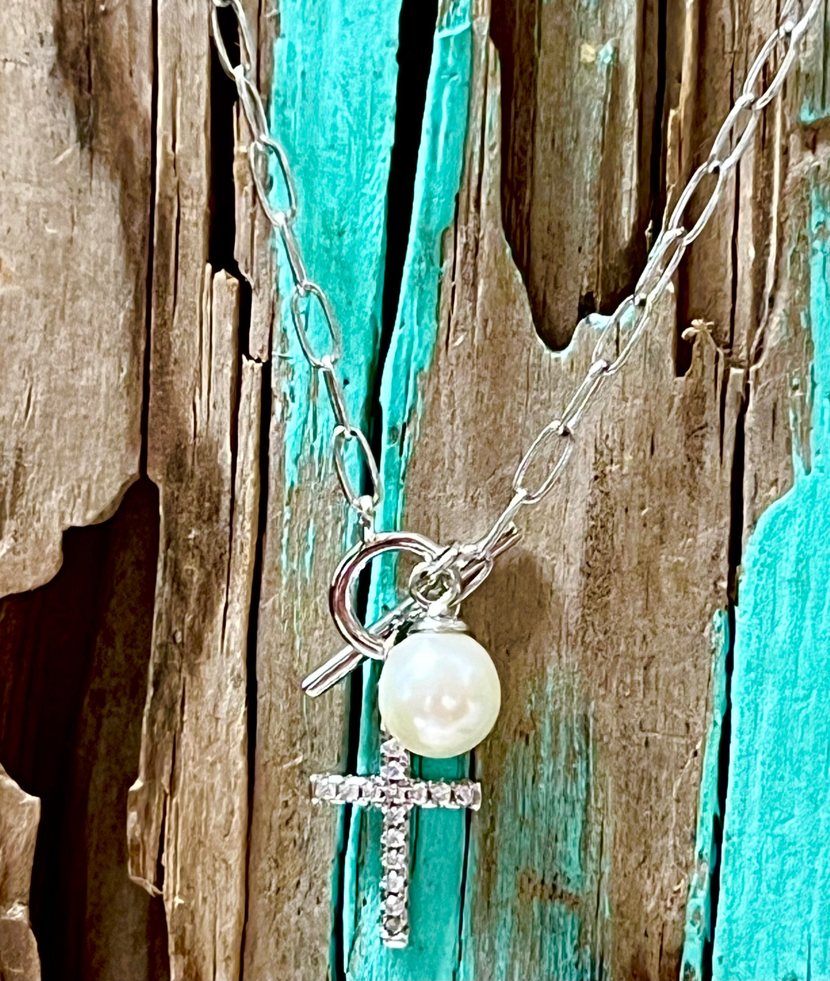 Sterling Silver Cross with White Pearl Necklace 18”