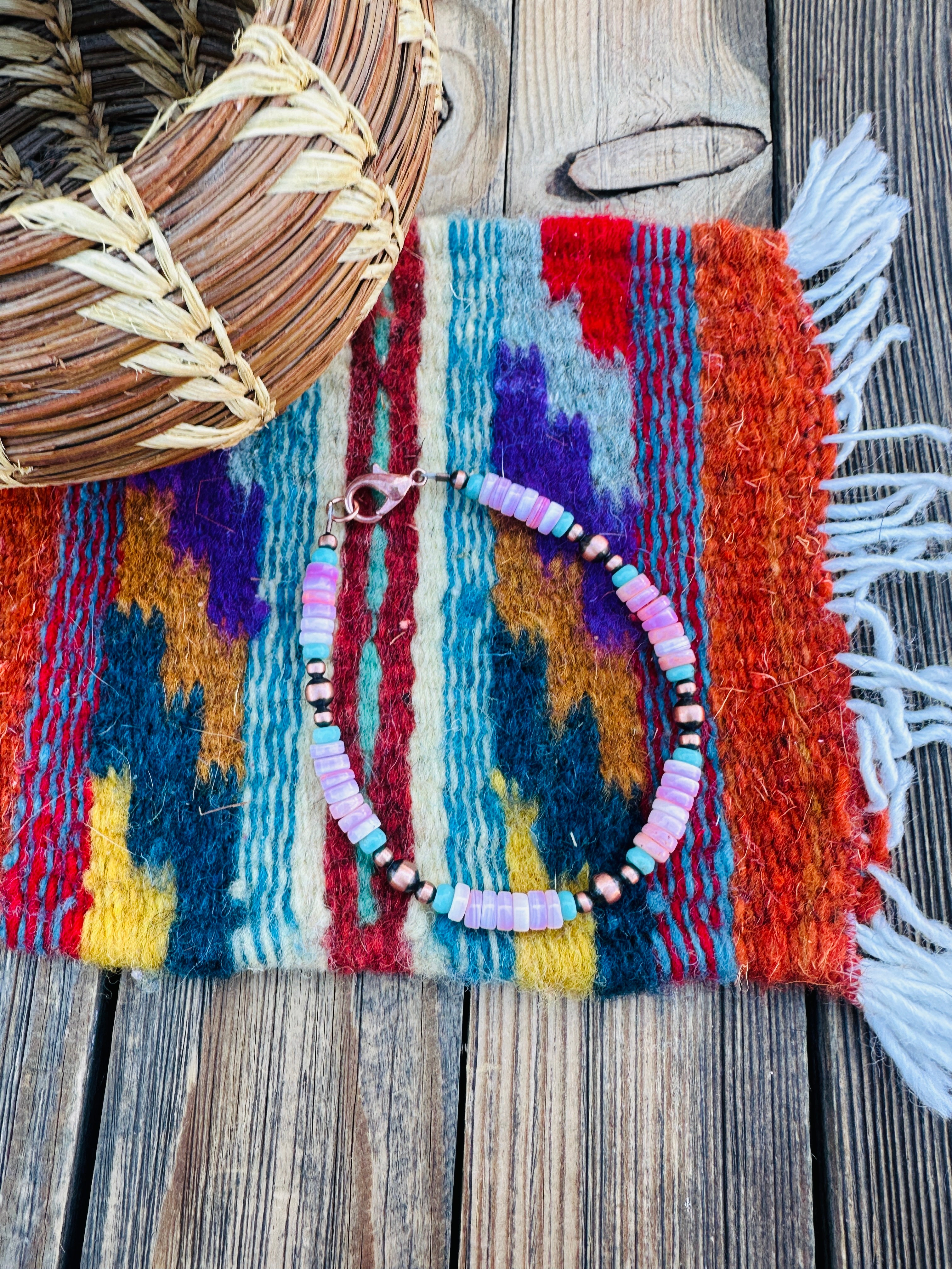 Handcrafted Queen Pink Conch, Turquoise & Copper Beaded Bracelet