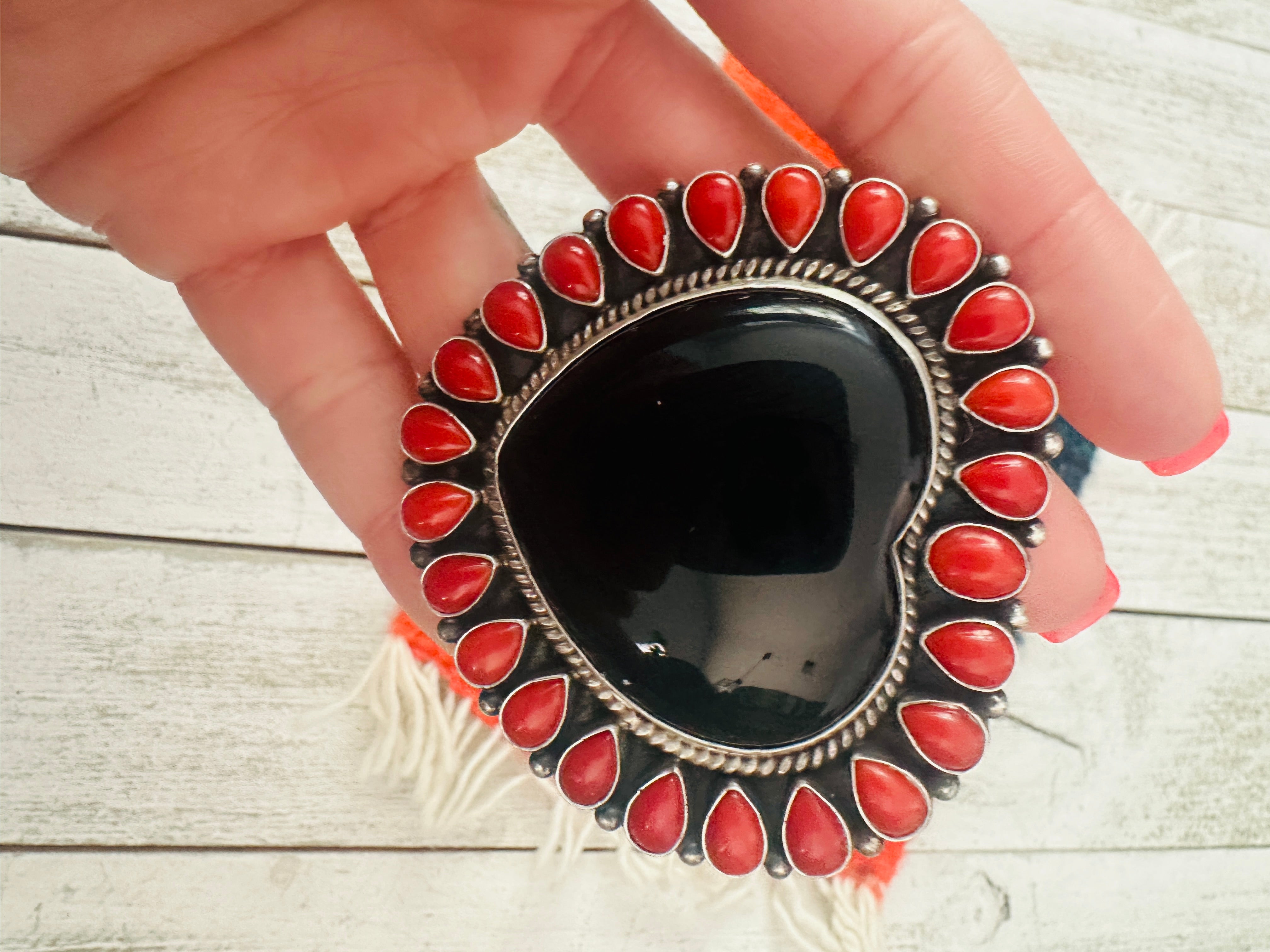 Navajo Sterling Silver, Onyx & Coral Heart Adjustable Ring