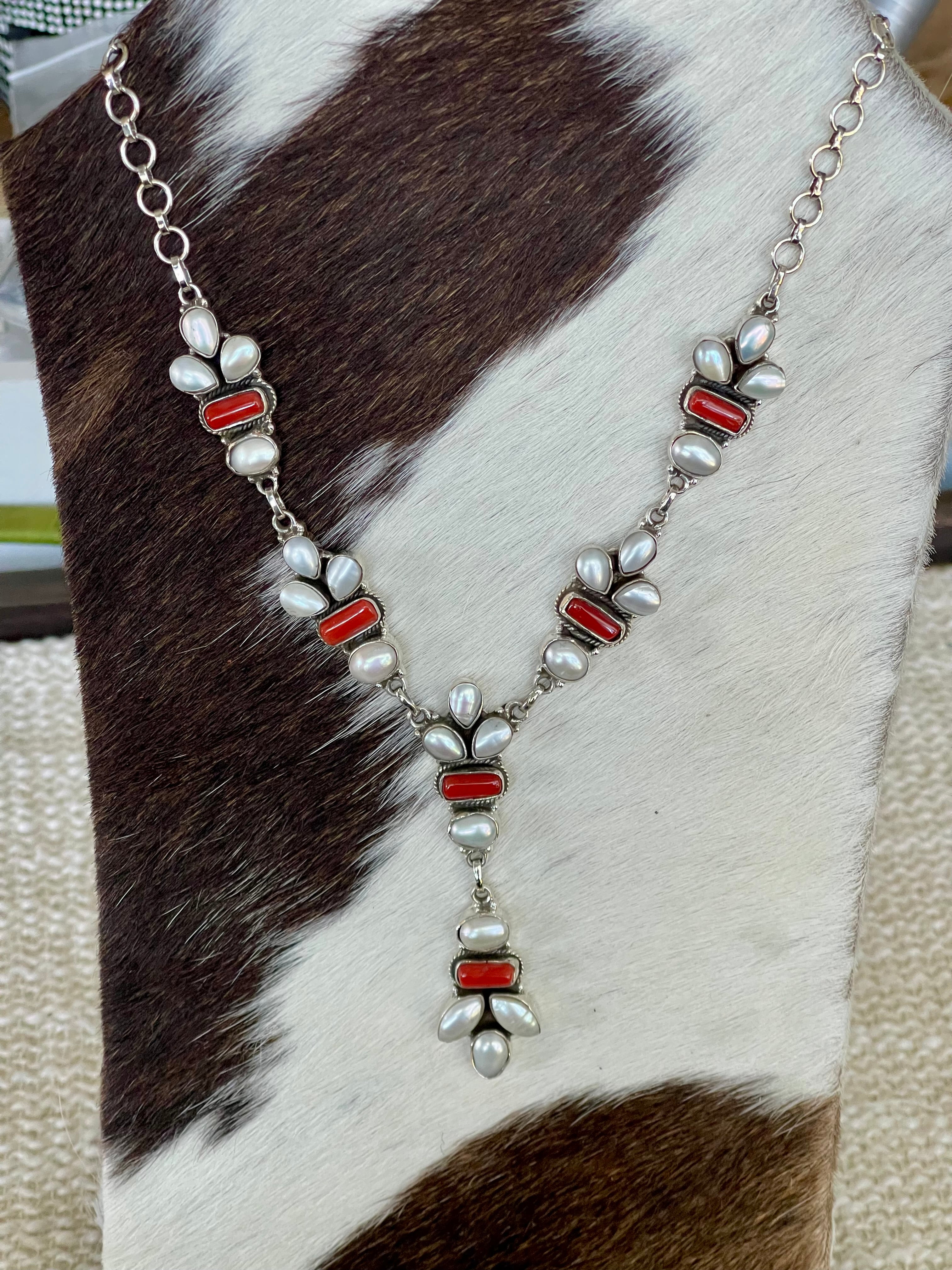 ** 4TH OF JULY ** Handmade Sterling , Silver Synthetic Opal & Coral Necklace, Earring & Ring Set with Signed Nizhoni
