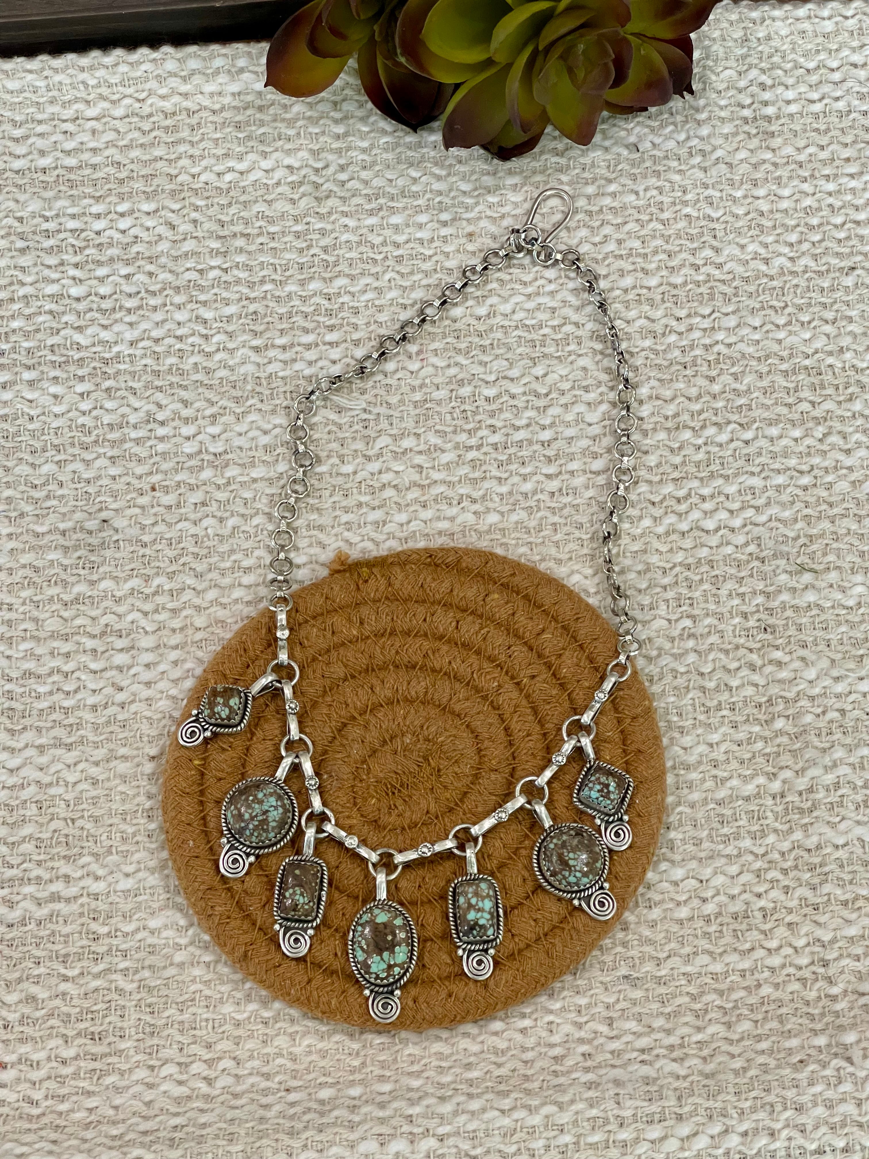 Handmade Sterling Silver Number 8 Turquoise Necklace with Signed Nizhoni