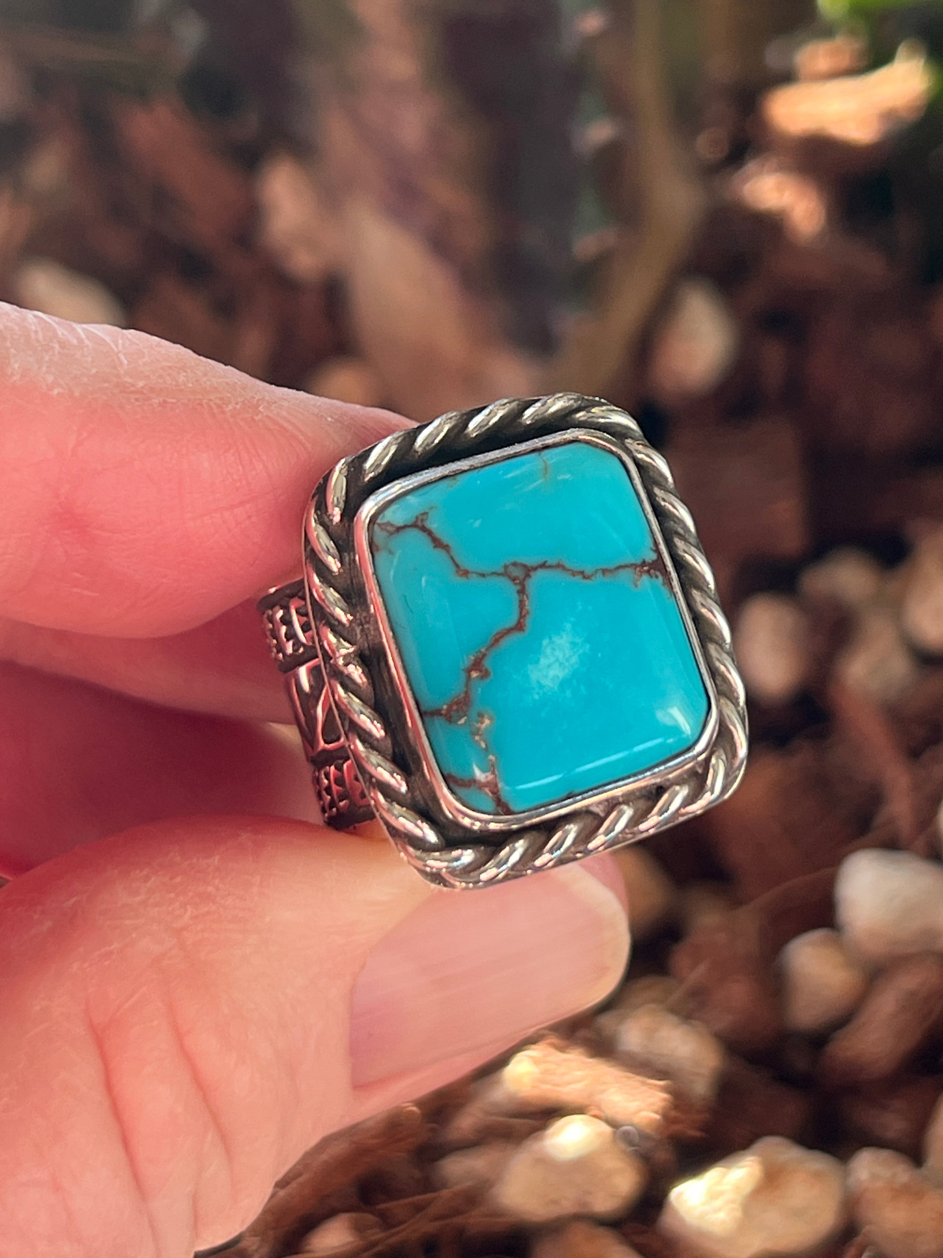 Handcrafted Hand Stamped Sterling Silver Wide Shank Ring with Egyptian Turquoise by Shaun Rogers, Size 9