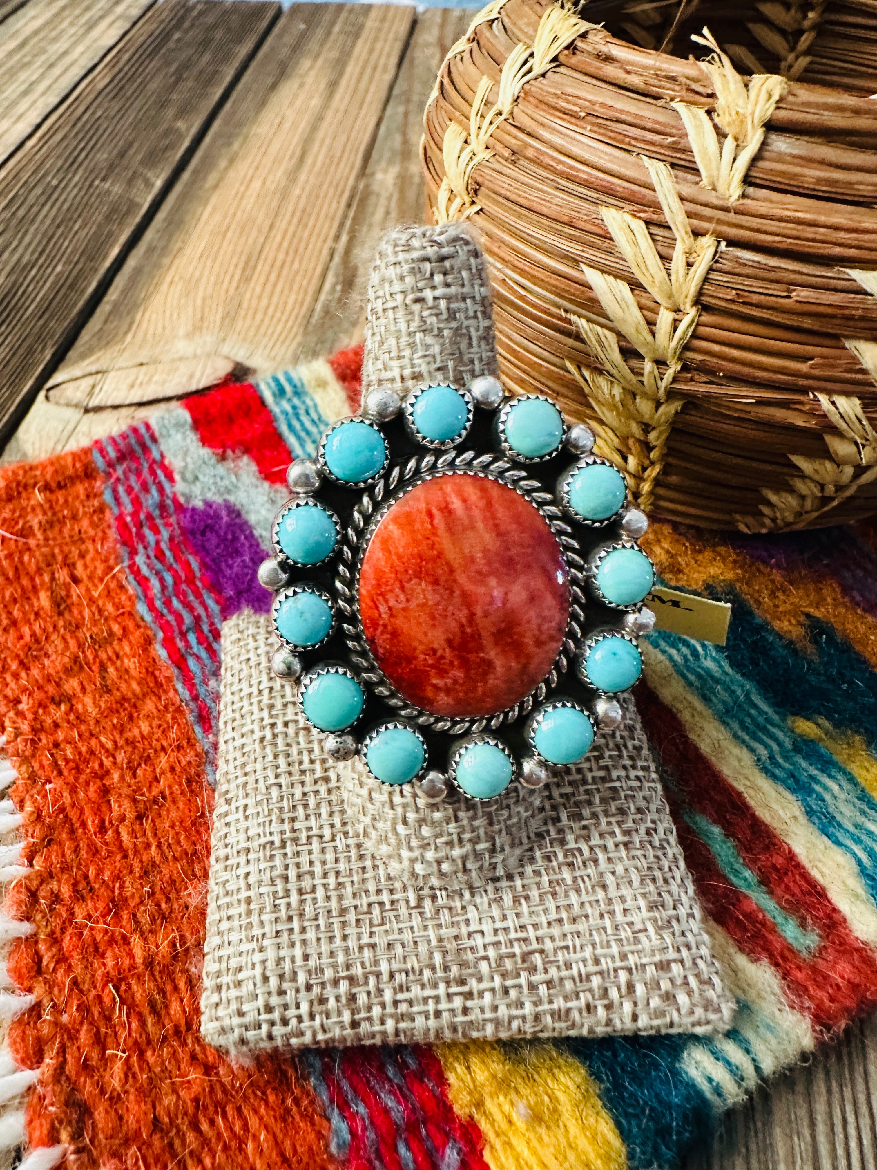 Old Pawn Handcrafted Spiny Oyster, Turquoise & Sterling Silver Ring Size 10