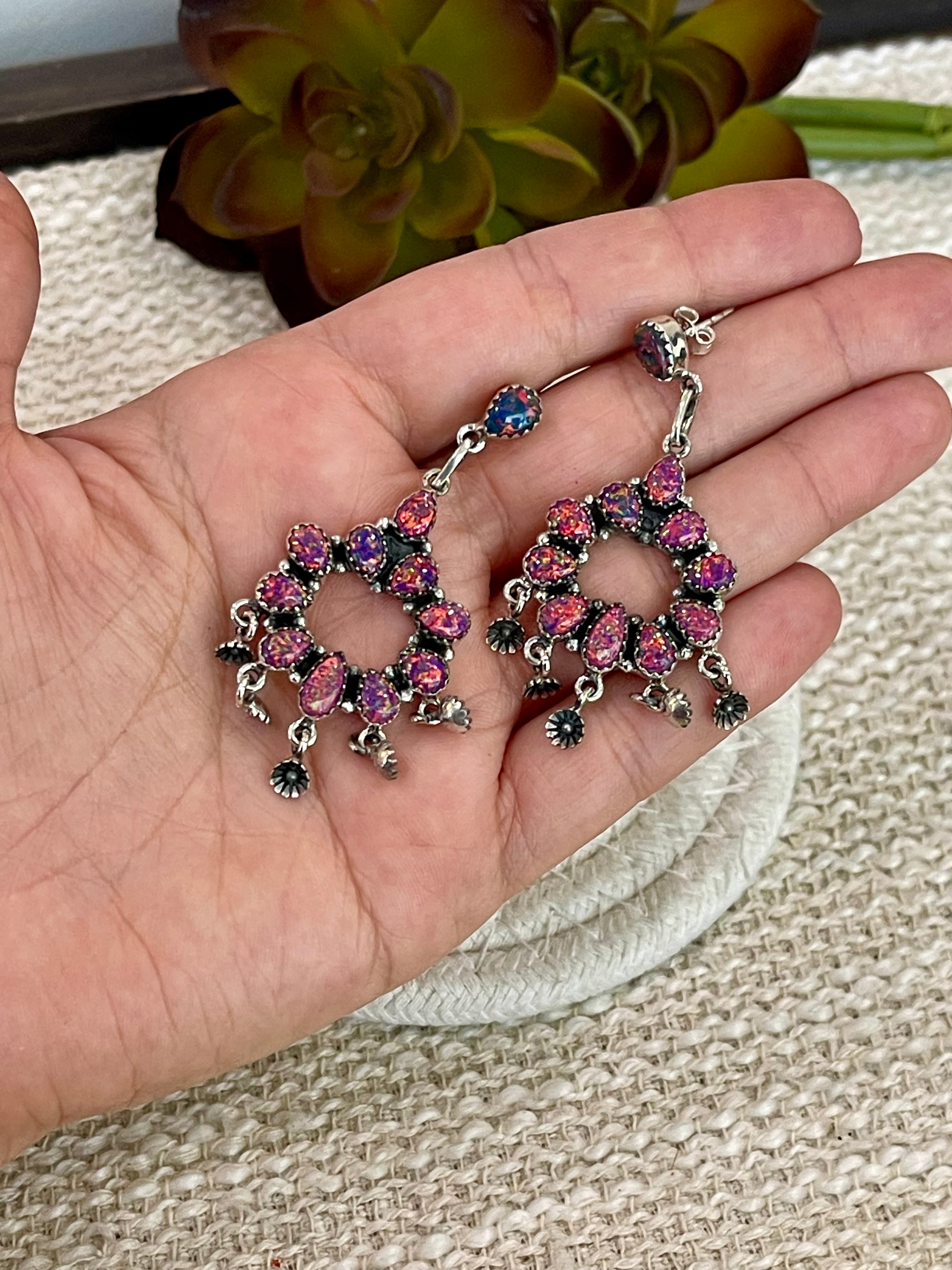 Handmade Pink Fire Opal and Sterling Silver Cluster Dangle Earrings