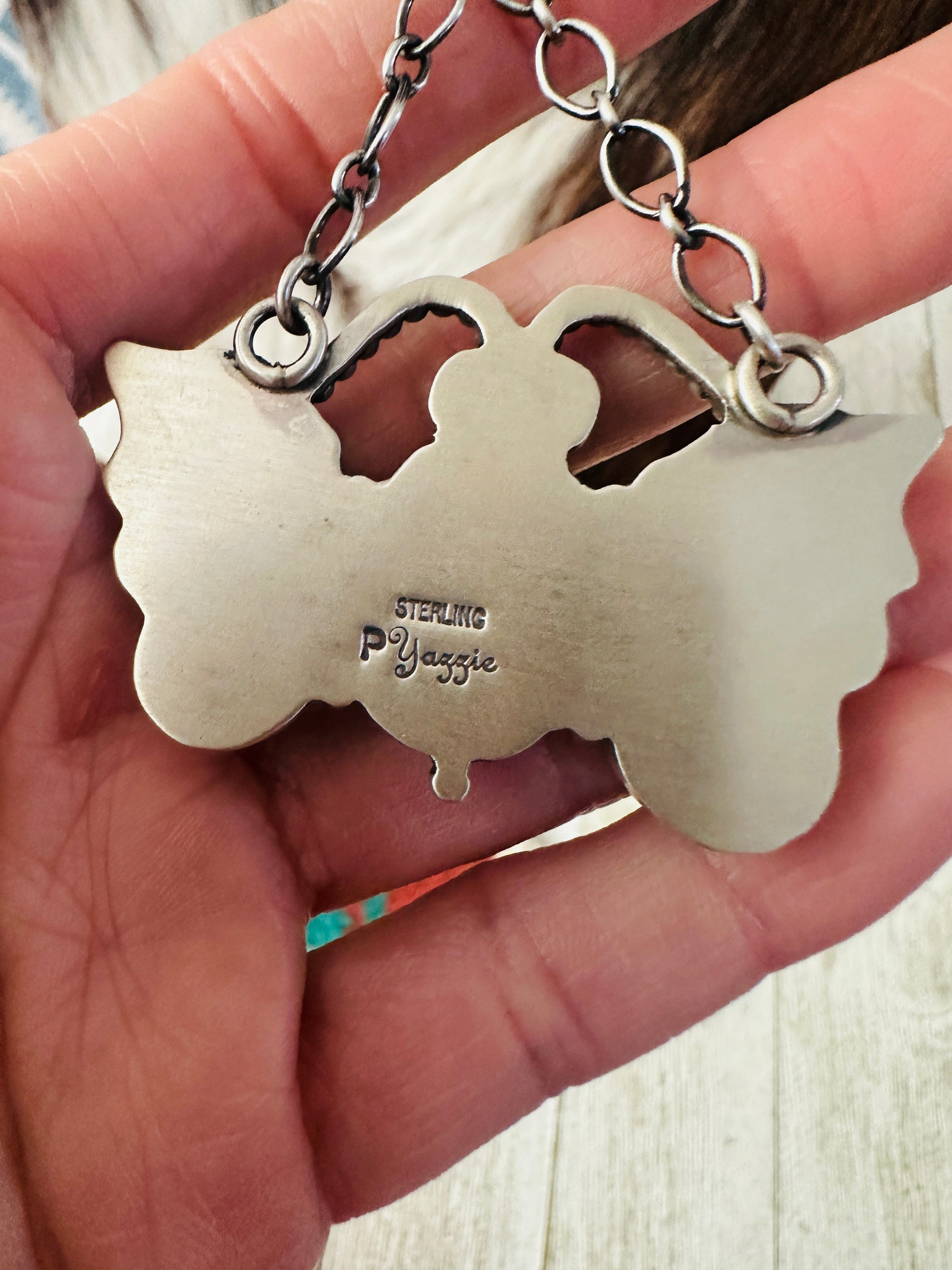 Handcrafted Sterling Silver, Bumblebee, Turquoise & Coral Butterfly Necklace by Patrick Yazzie