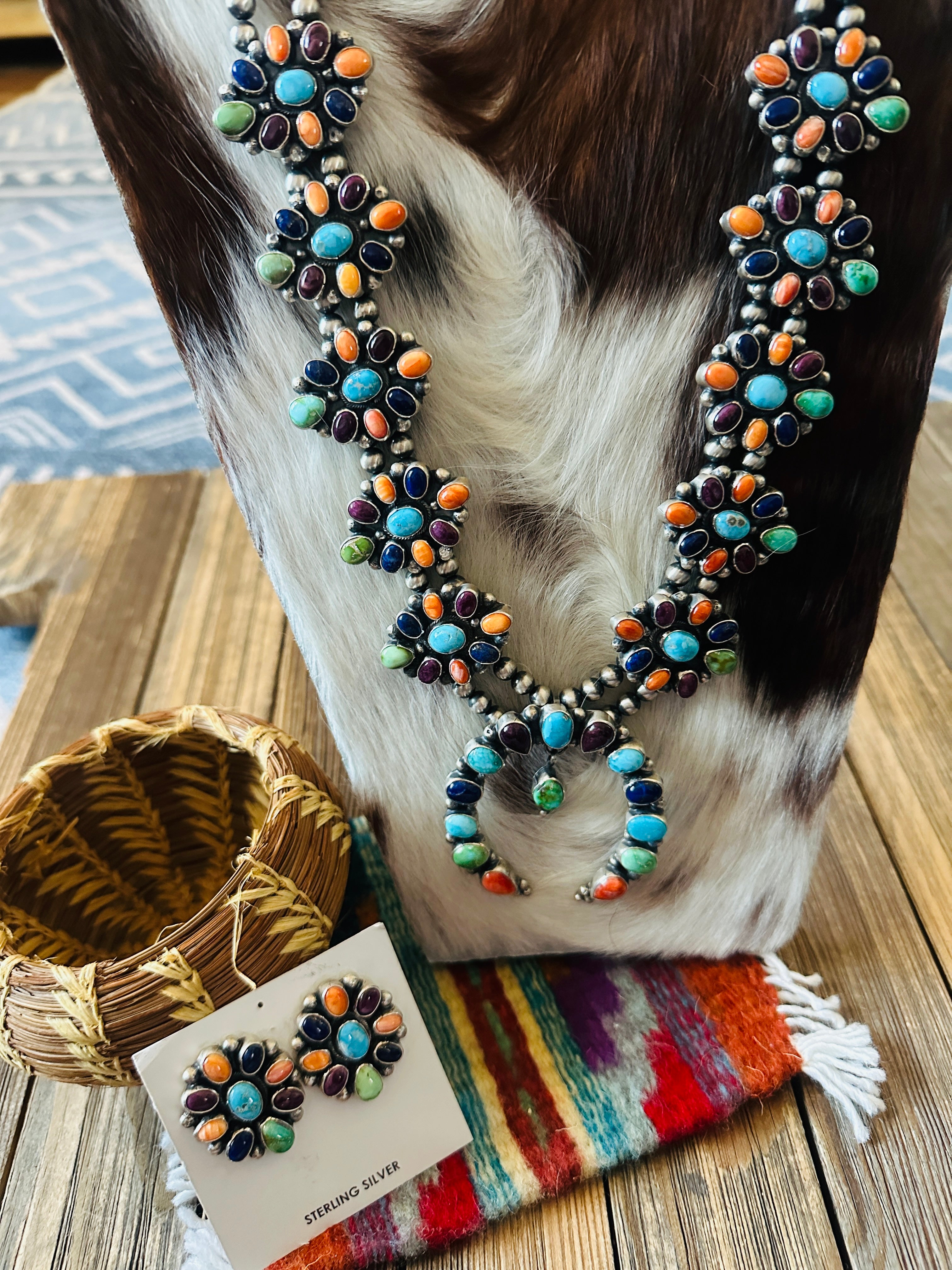 Handcrafted Multi Stone Beaded & Sterling Silver Cluster Necklace and Earring Set by Sheila Becenti