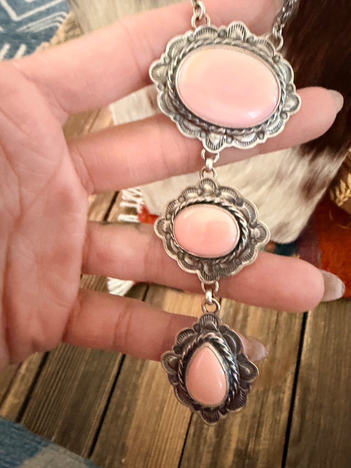 Handcrafted Queen Pink Conch & Sterling Silver Lariat Necklace by Larry Kaye