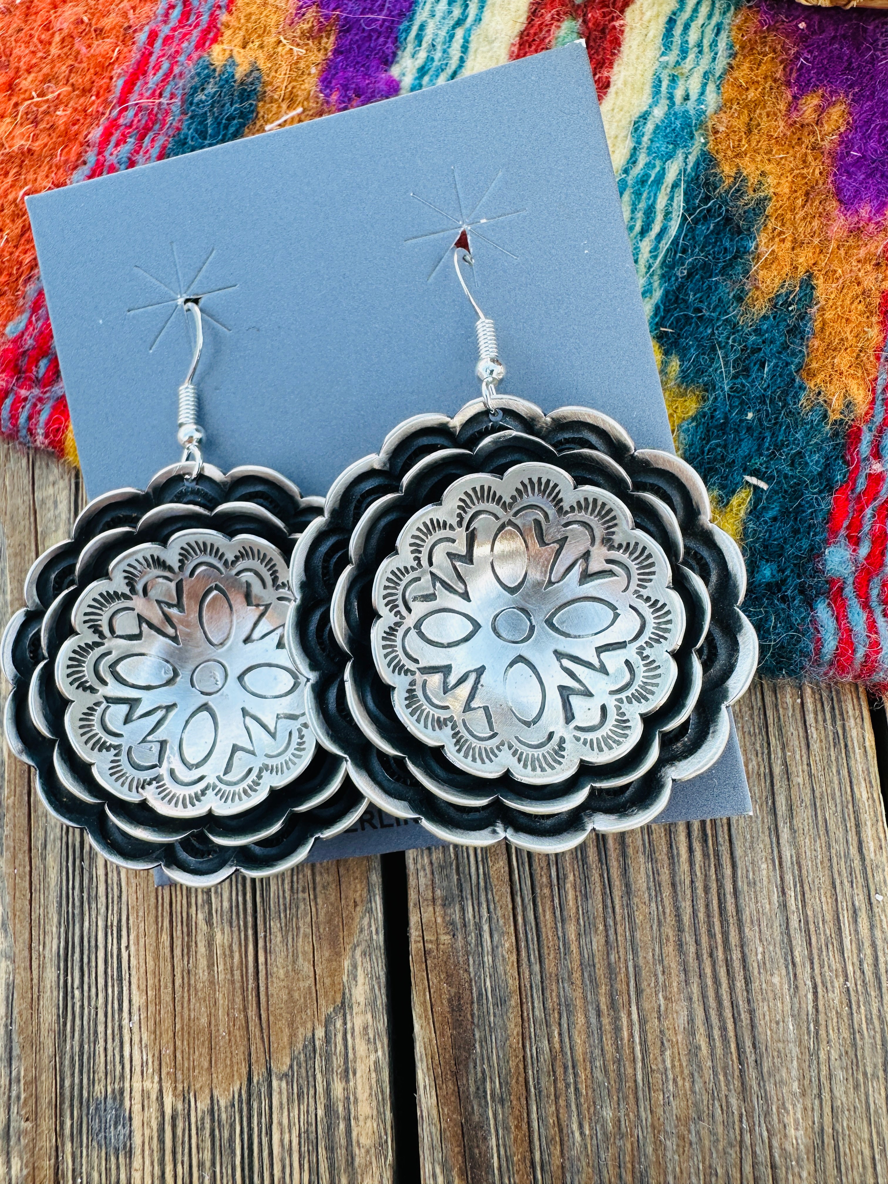 Handcrafted Sterling Silver Concho Dangle Earrings by Leander Tahe