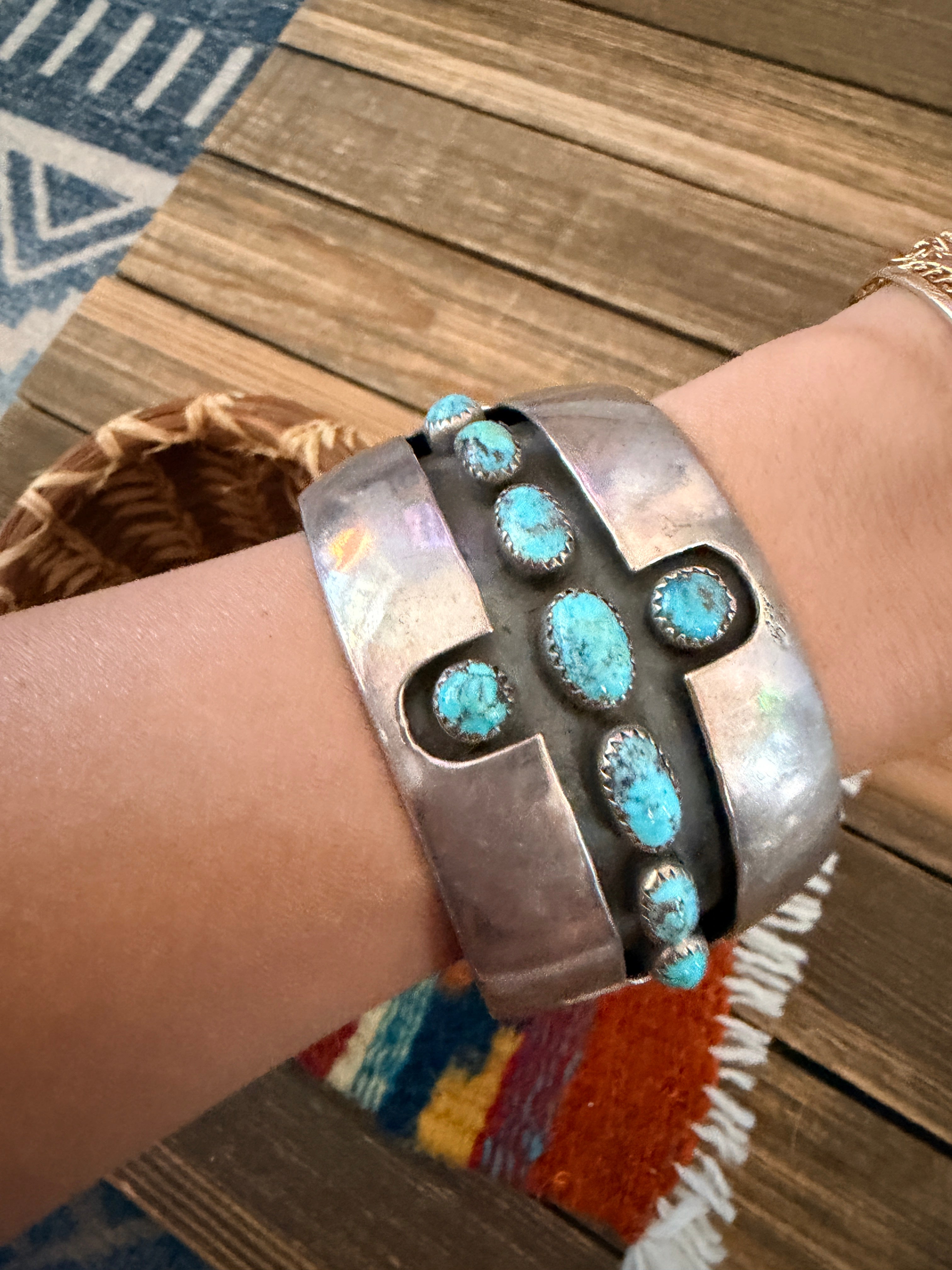 Handcrafted Old Pawn Sterling Silver & Turquoise Shadowbox Cross Cuff Bracelet