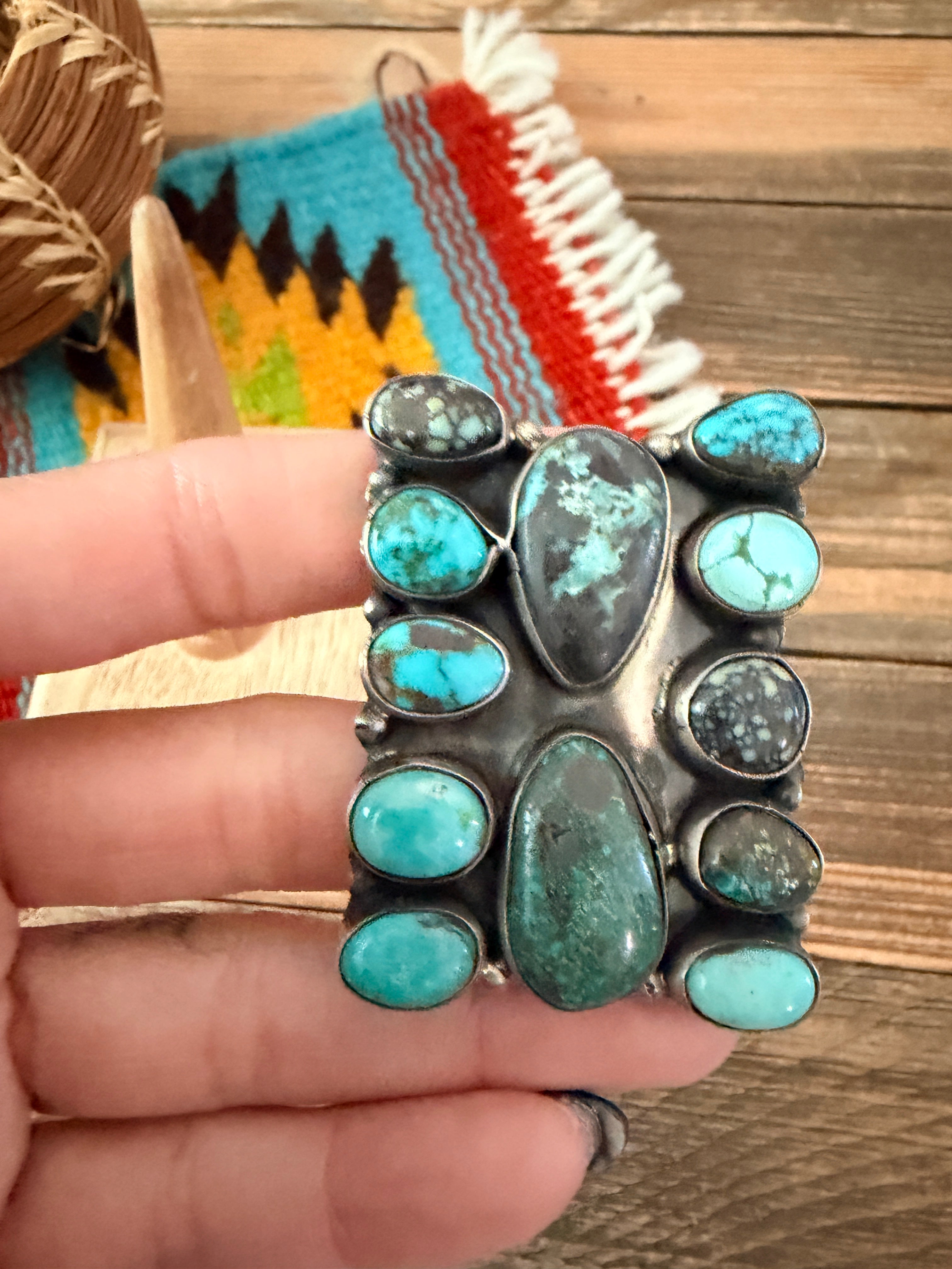 Handcrafted Multi Turquoise & Sterling Silver Cluster Ring Size 8