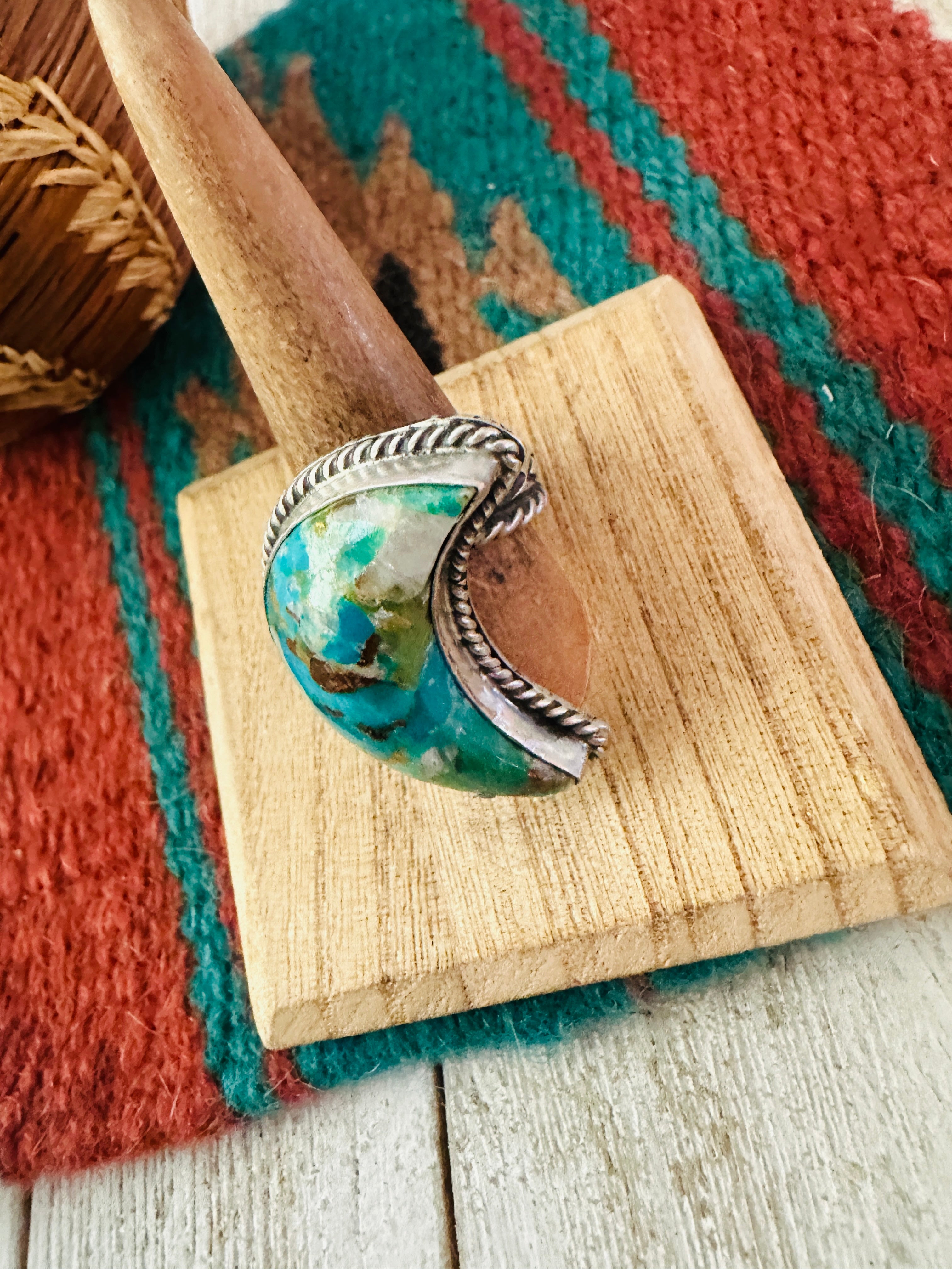 Handcrafted Turquoise & Sterling Silver Adjustable Moon Ring