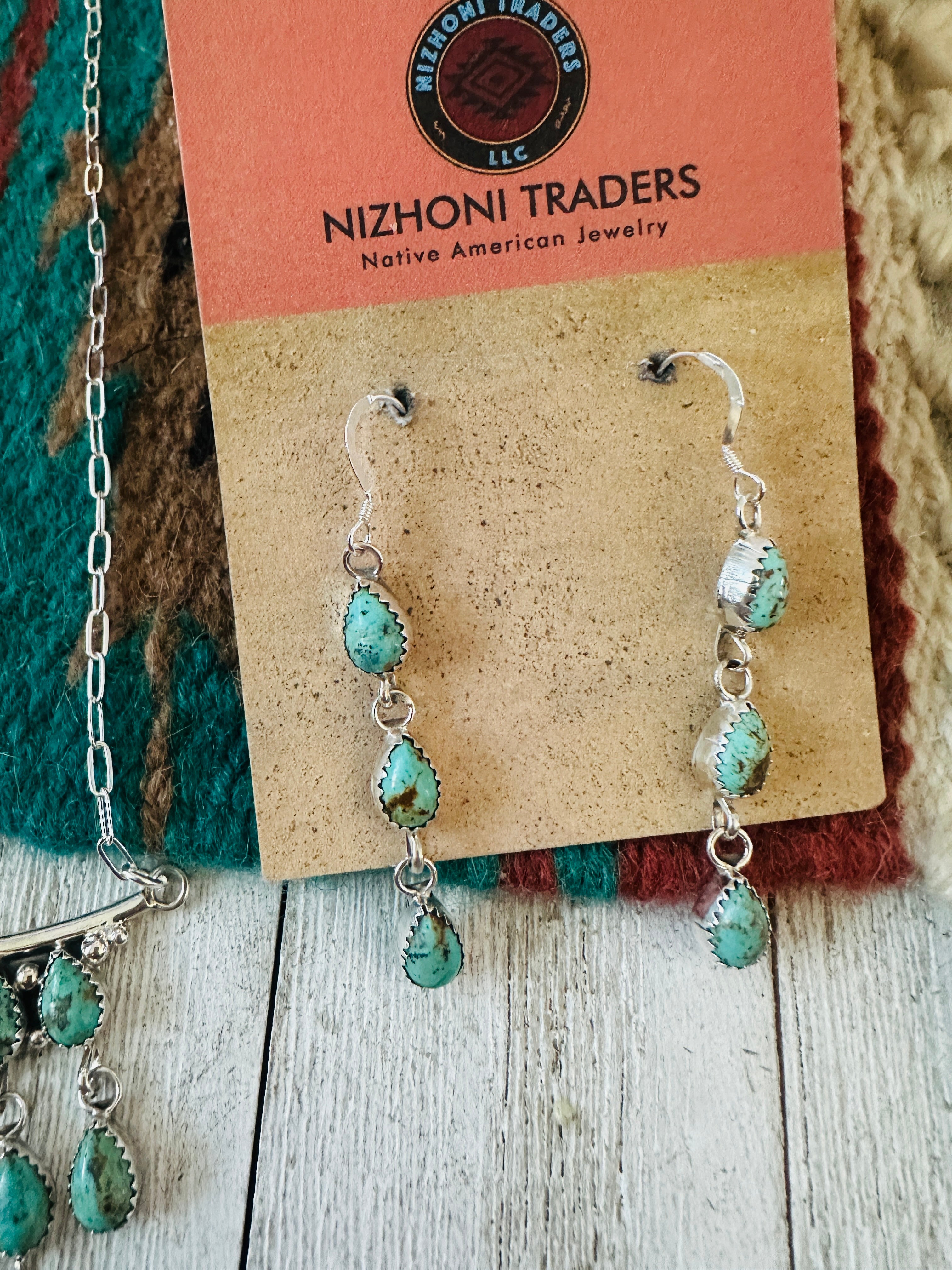 Handcrafted Sterling Silver & Turquoise Chandelier Necklace and Earring Set