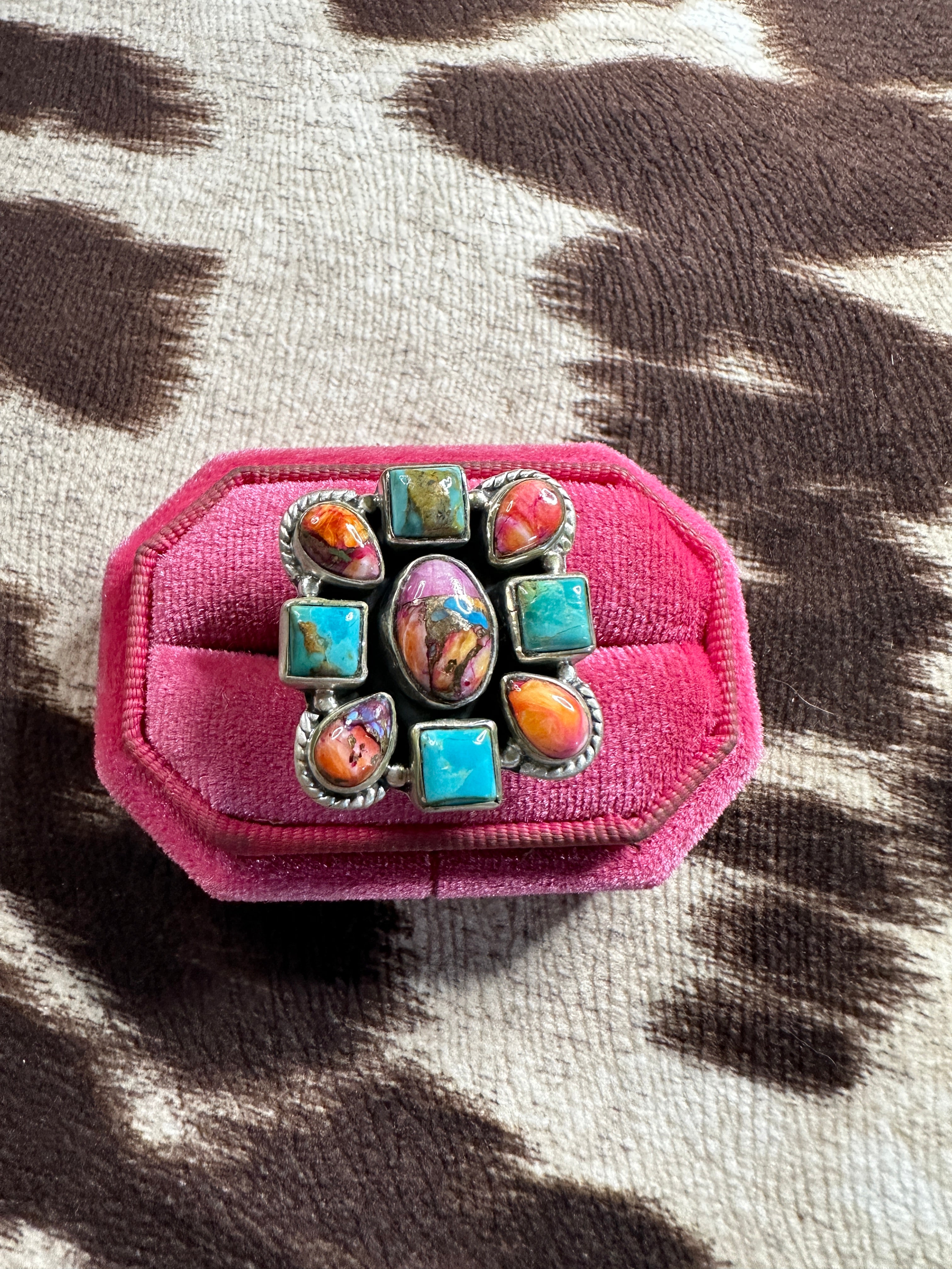 Handmade Pink Dream Mojave, Turquoise & Sterling Silver Adjustable Ring -multi stones