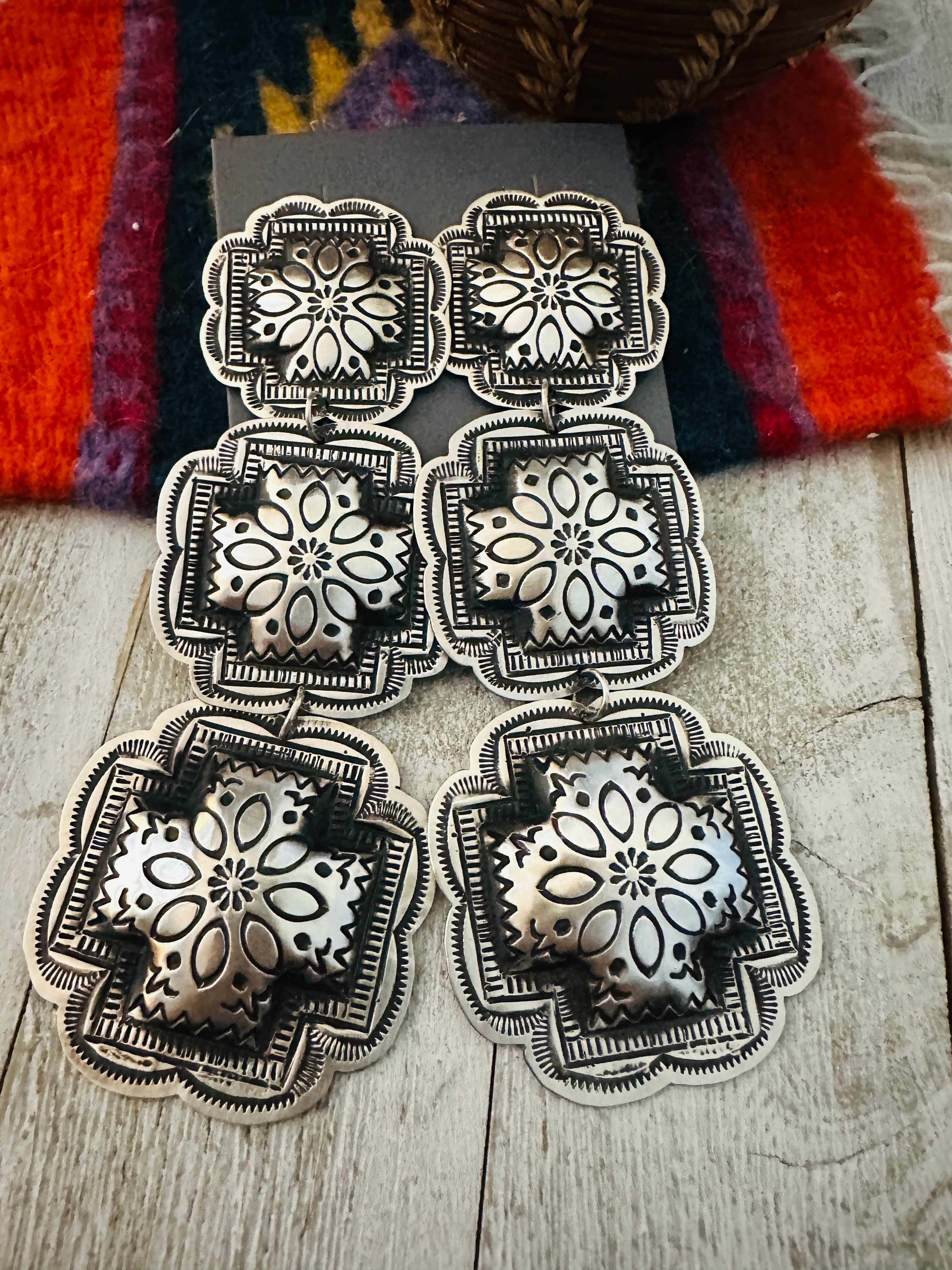 Handcrafted & Hand Stamped Sterling Silver Concho Dangle Earrings by Leander Tahe