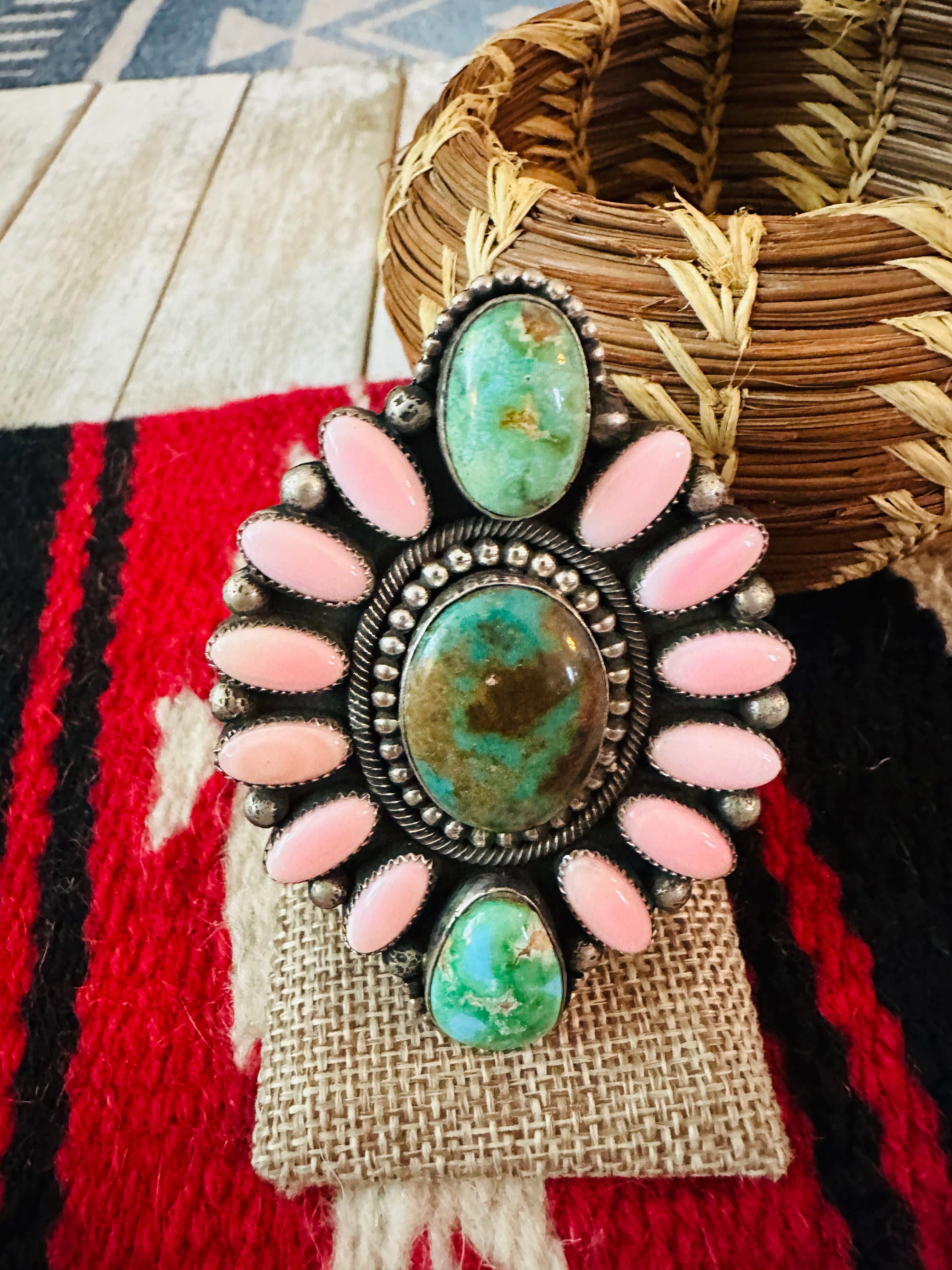 Handcrafted Sterling Silver, Queen Pink Conch & Turquoise Cluster Adjustable Ring by Hemerson Brown