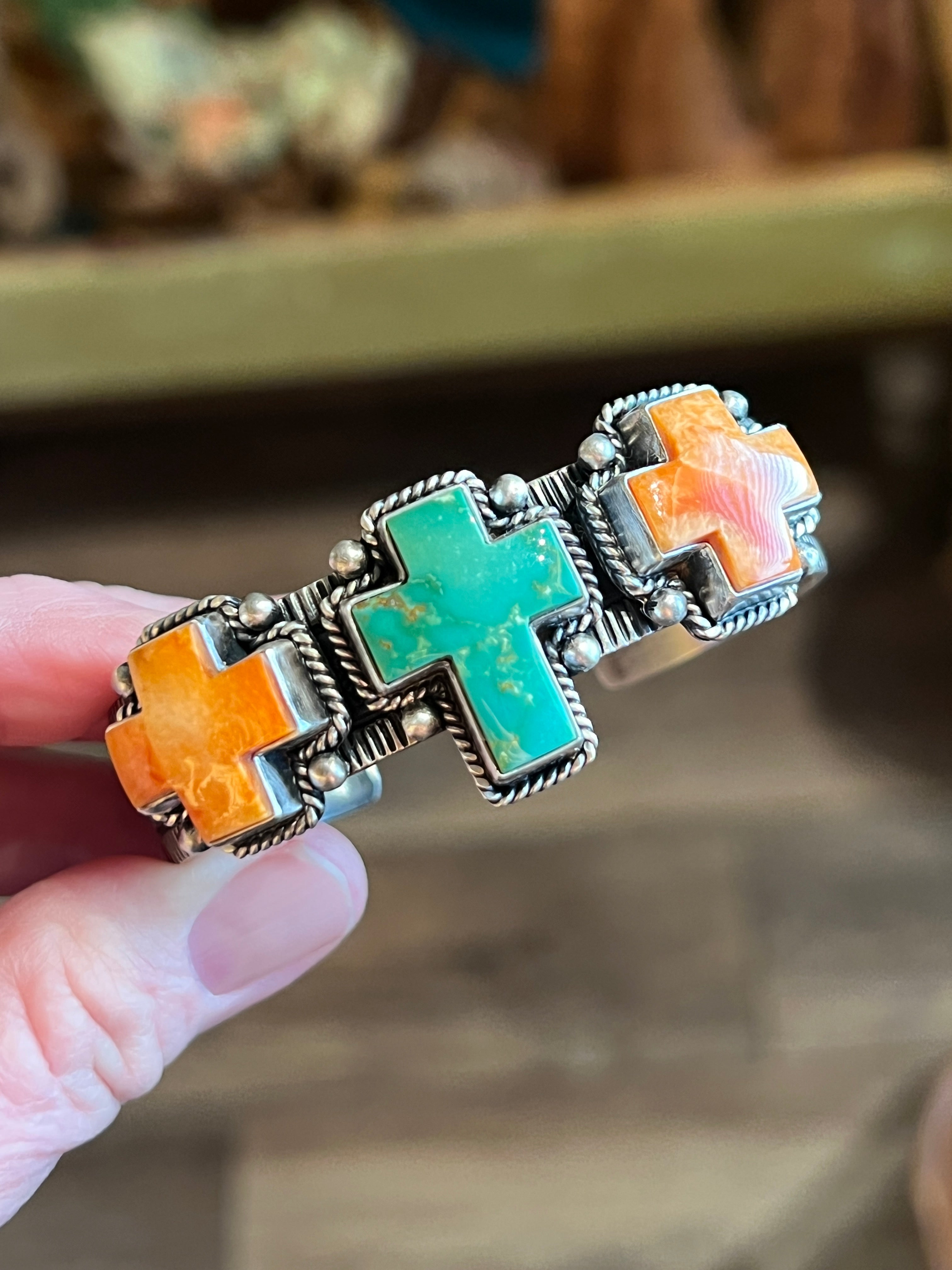 Handcrafted Hand Stamped Sterling Silver, Kingman Turquoise and Spiny Oyster Cross Cuff Bracelet by Bernyse Chavez