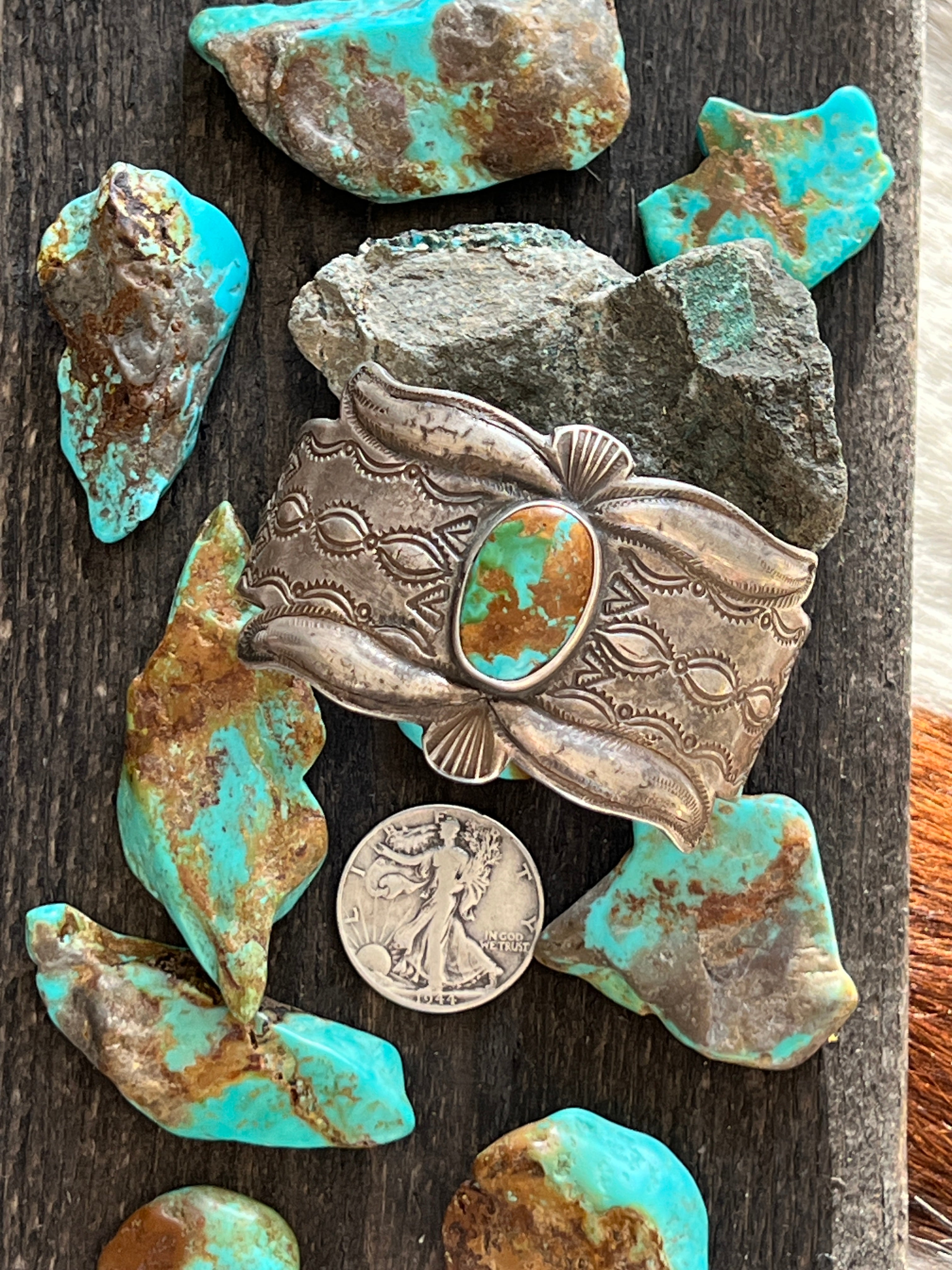 Handcrafted & Hand Forged Old Pawn Sterling Silver Ingot Turquoise Cuff Bracelet by Santa Fe Artist, Buffalo: The Royston