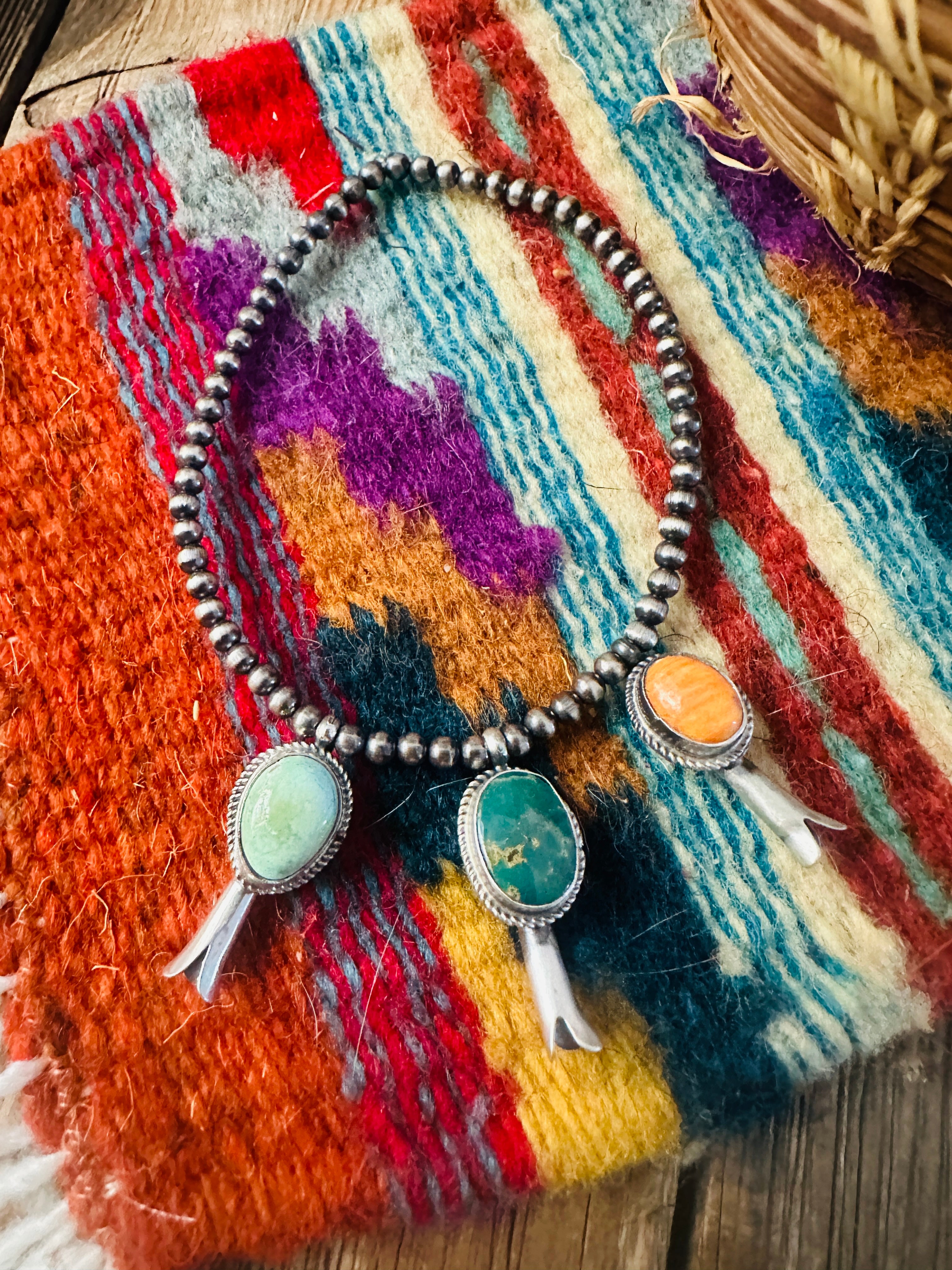 Handcrafted 3mm Sterling Silver Pearl, Turquoise & Spiny Oyster Blossom Stretch Bracelet