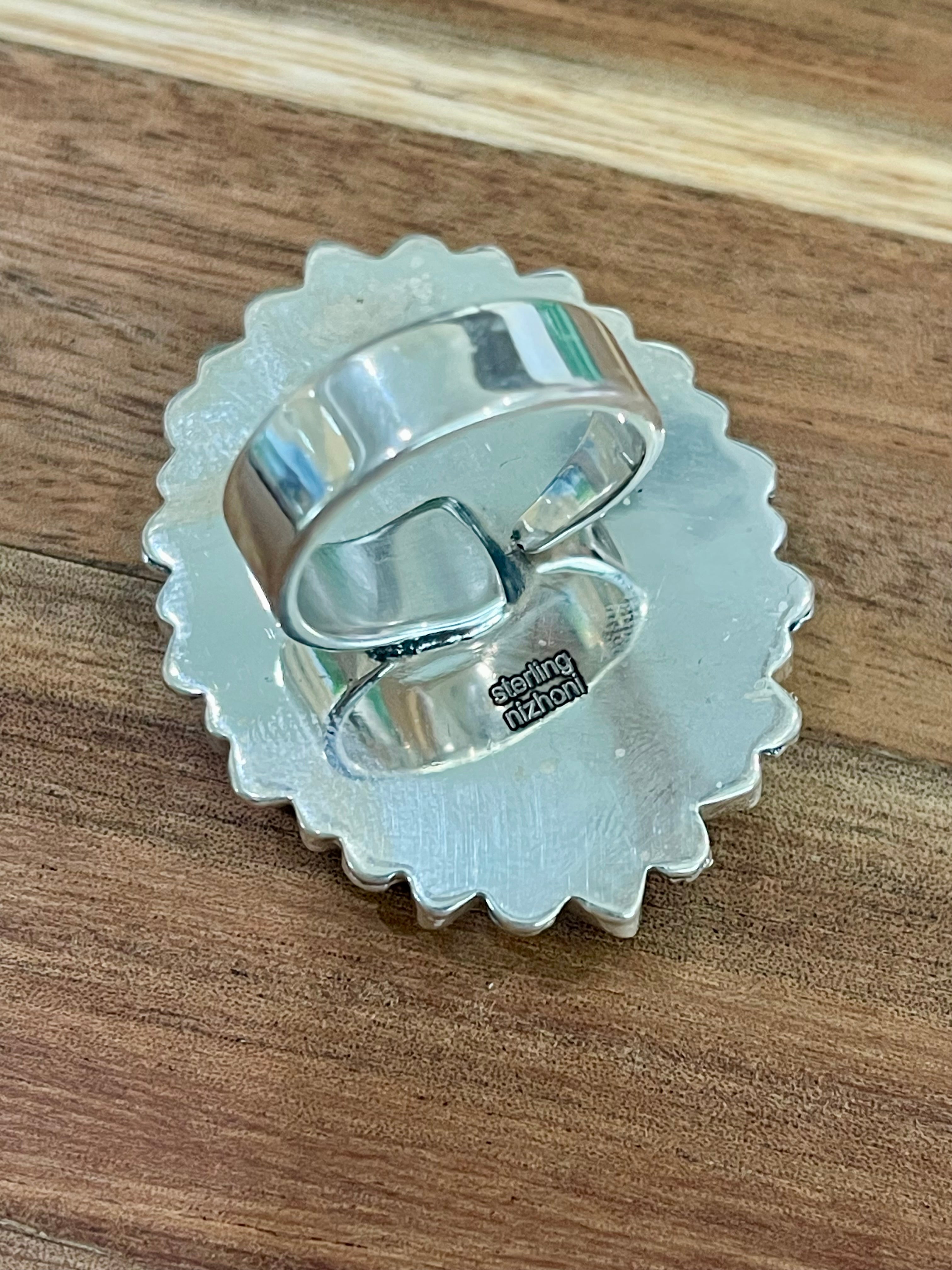 Beautiful Handmade New Lander Turquoise, Cubic Zirconia And Sterling Silver Adjustable Ring