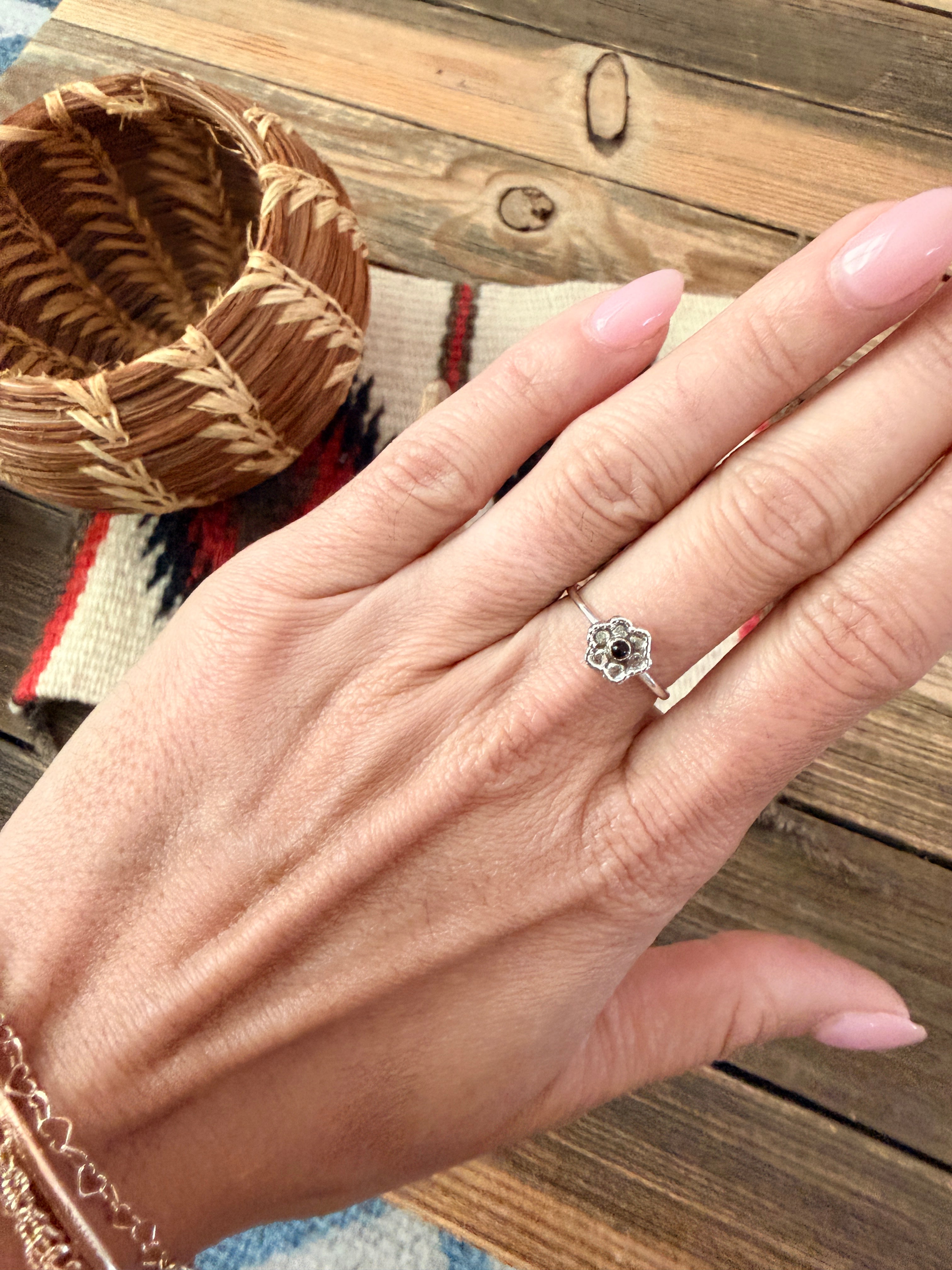 Handmade Sterling Silver & Onyx Adjustable Flower Ring
