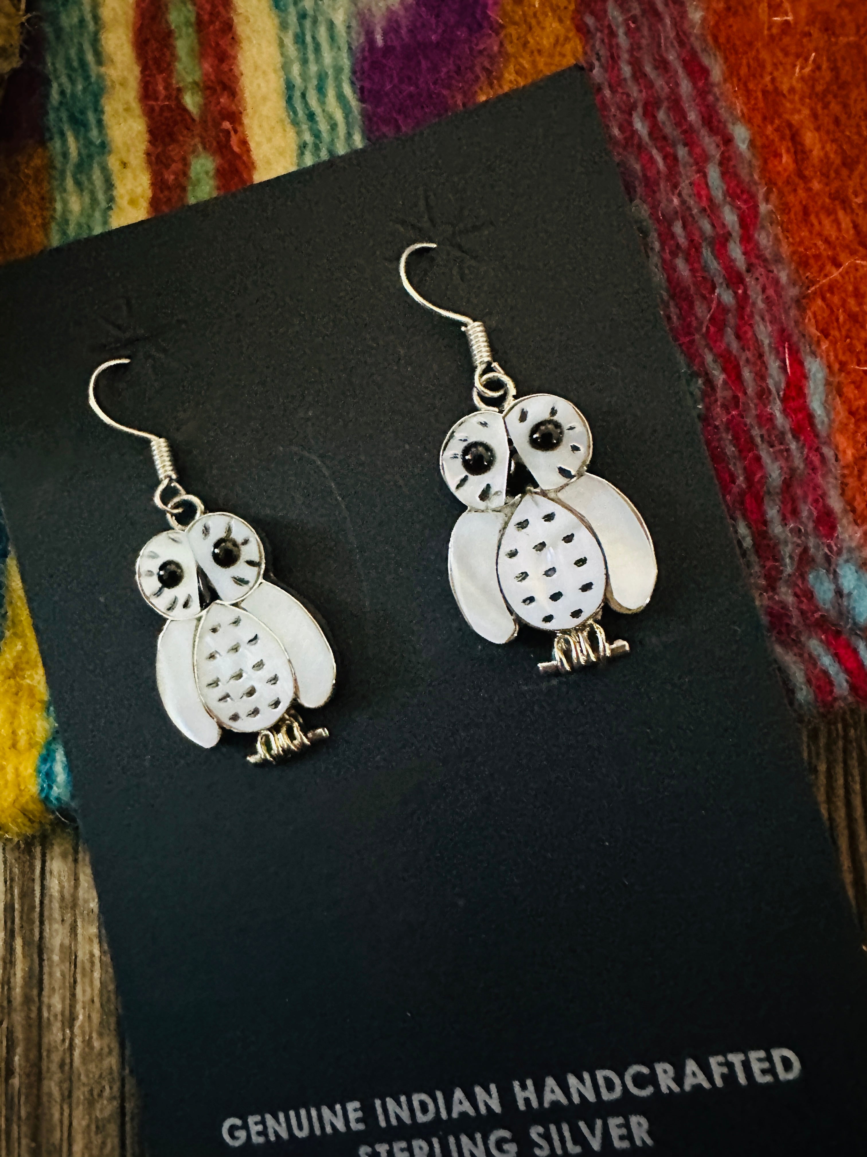 Handcrafted Sterling Silver, Mother of Pearl & Jet Inlay Owl Dangle Earrings