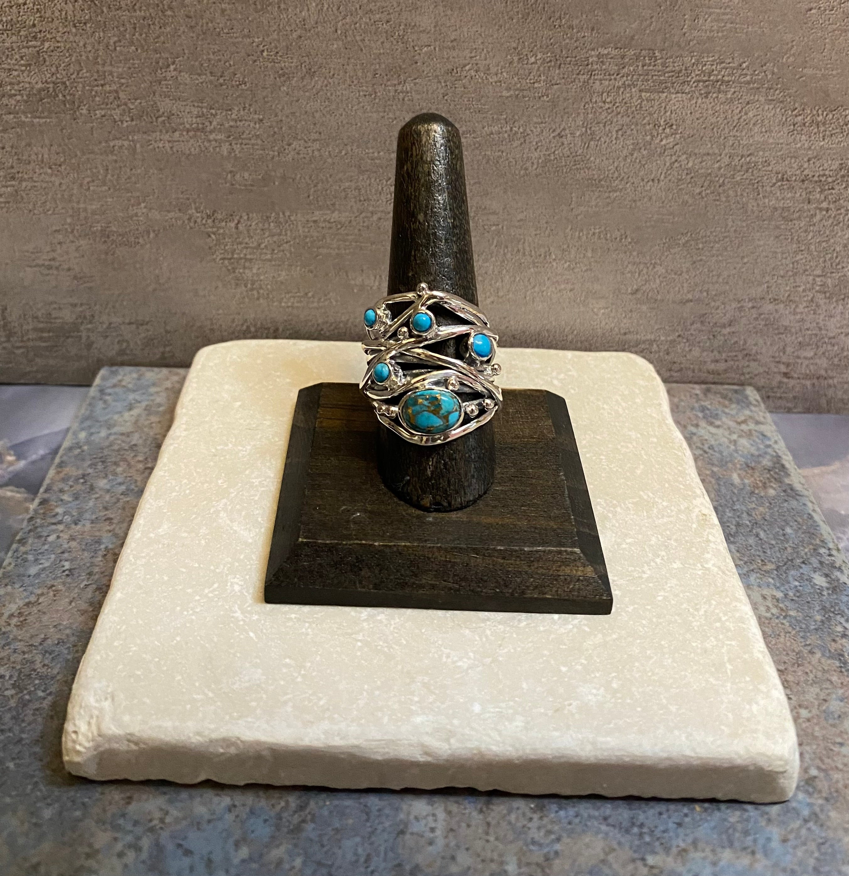Sterling Silver Five Stone Copper Turquoise Strand Ring Size 9.5
