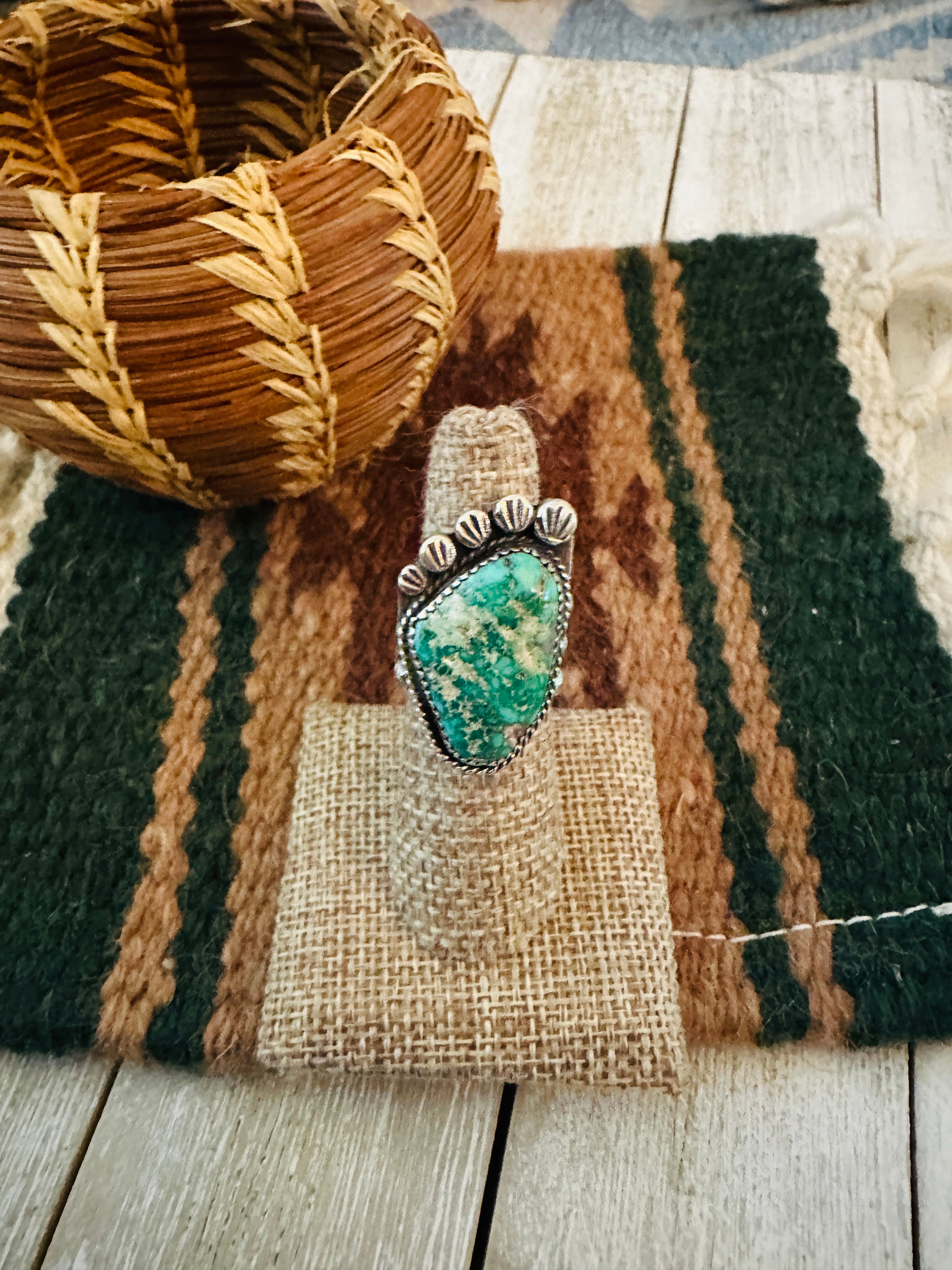 Old Pawn Handcrafted Turquoise & Sterling Silver Ring Size 7