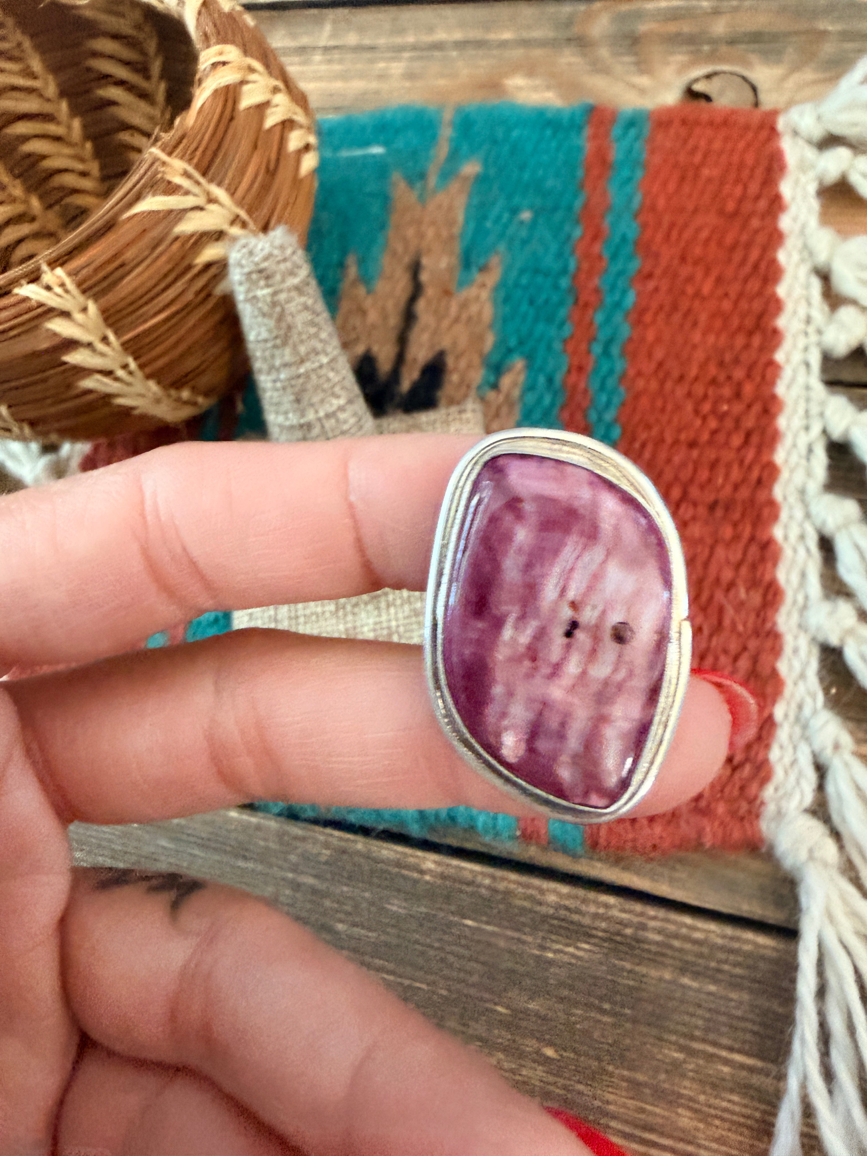 Handmade Sterling Silver & Purple Spiny Adjustable Ring
