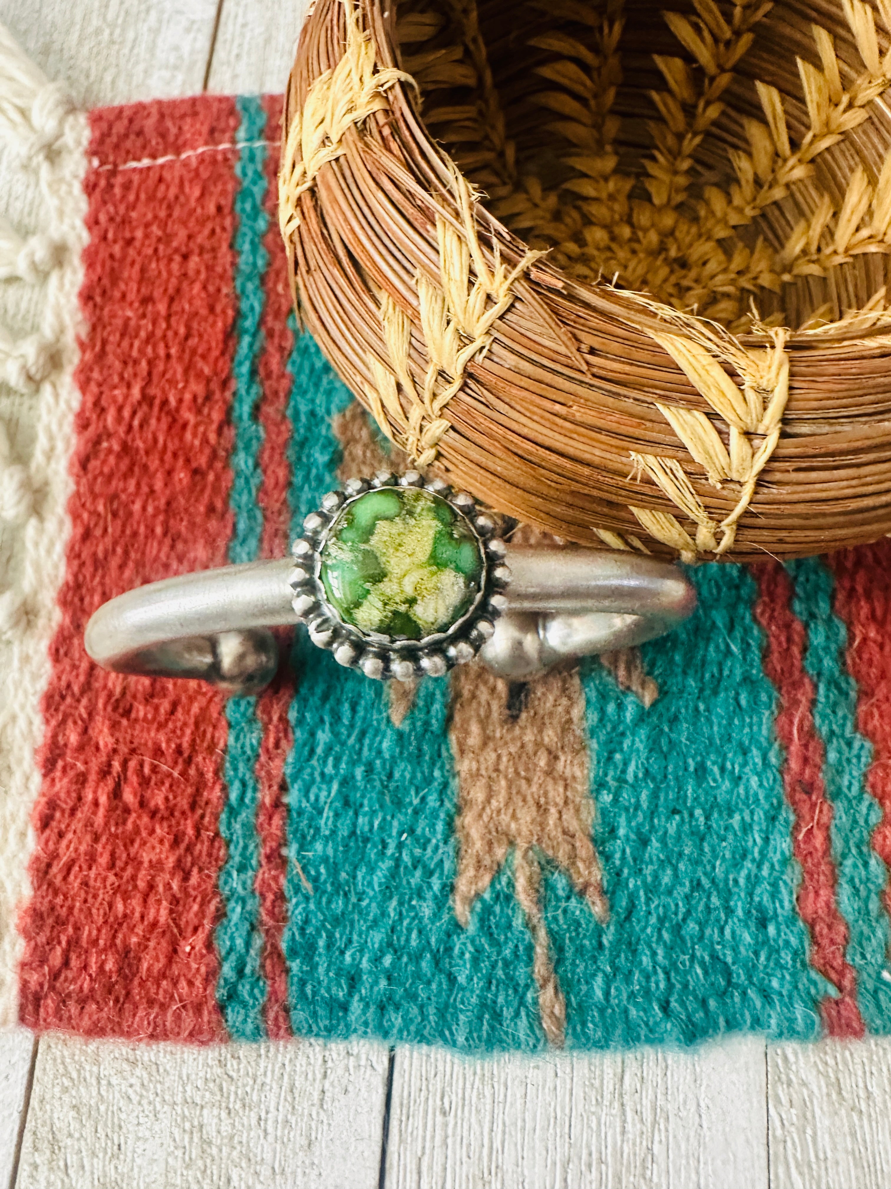 Handcrafted Sonoran Gold Turquoise & Sterling Silver Cuff Bracelet by Russell Sam