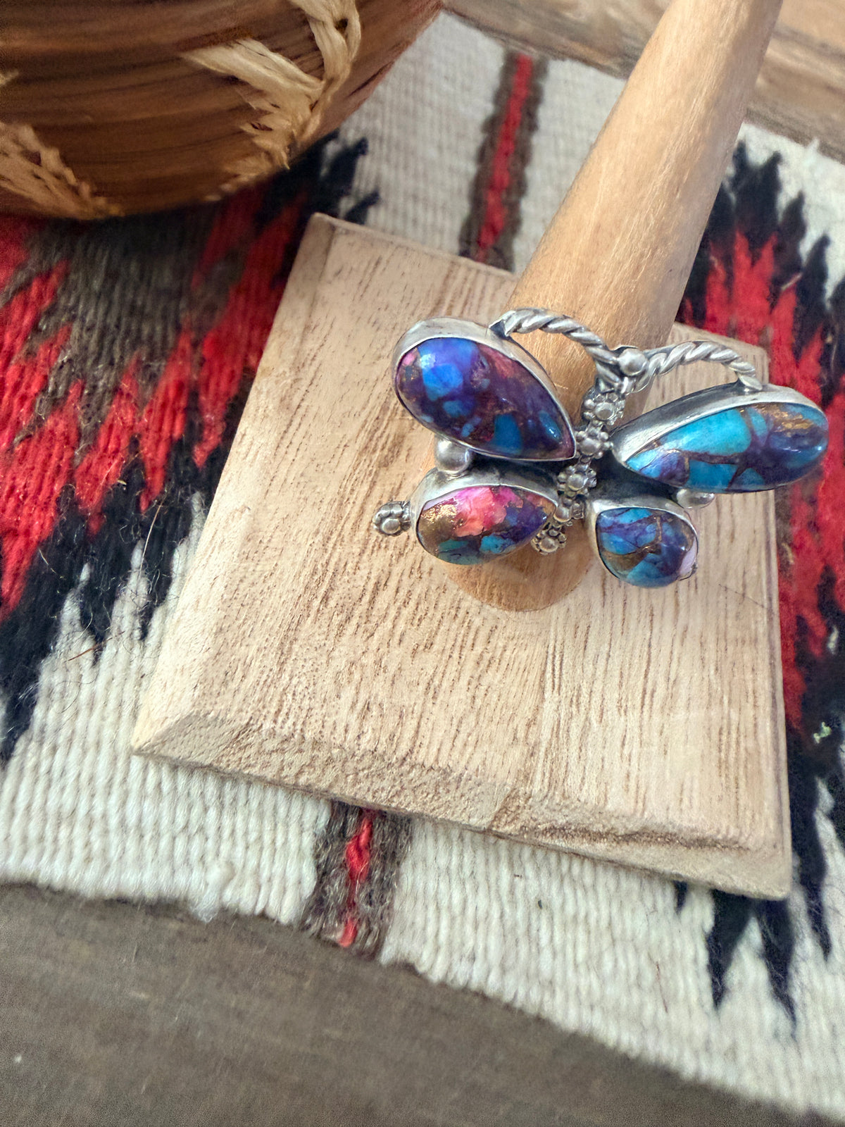 Handcrafted Pink Dream Mojave & Sterling Silver Adjustable Butterfly Ring