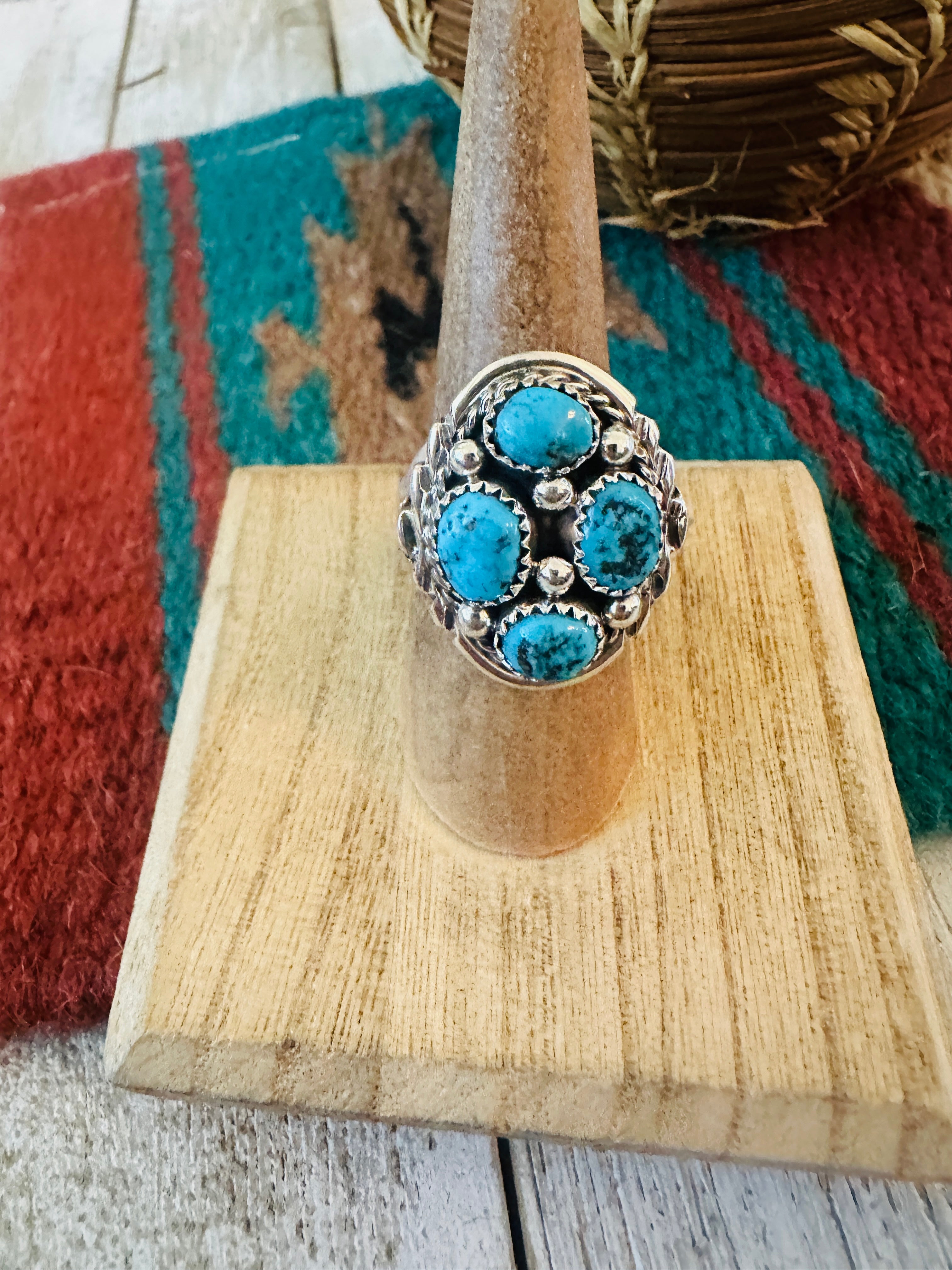 Handcrafted Turquoise & Sterling Silver Cluster Ring Size 7