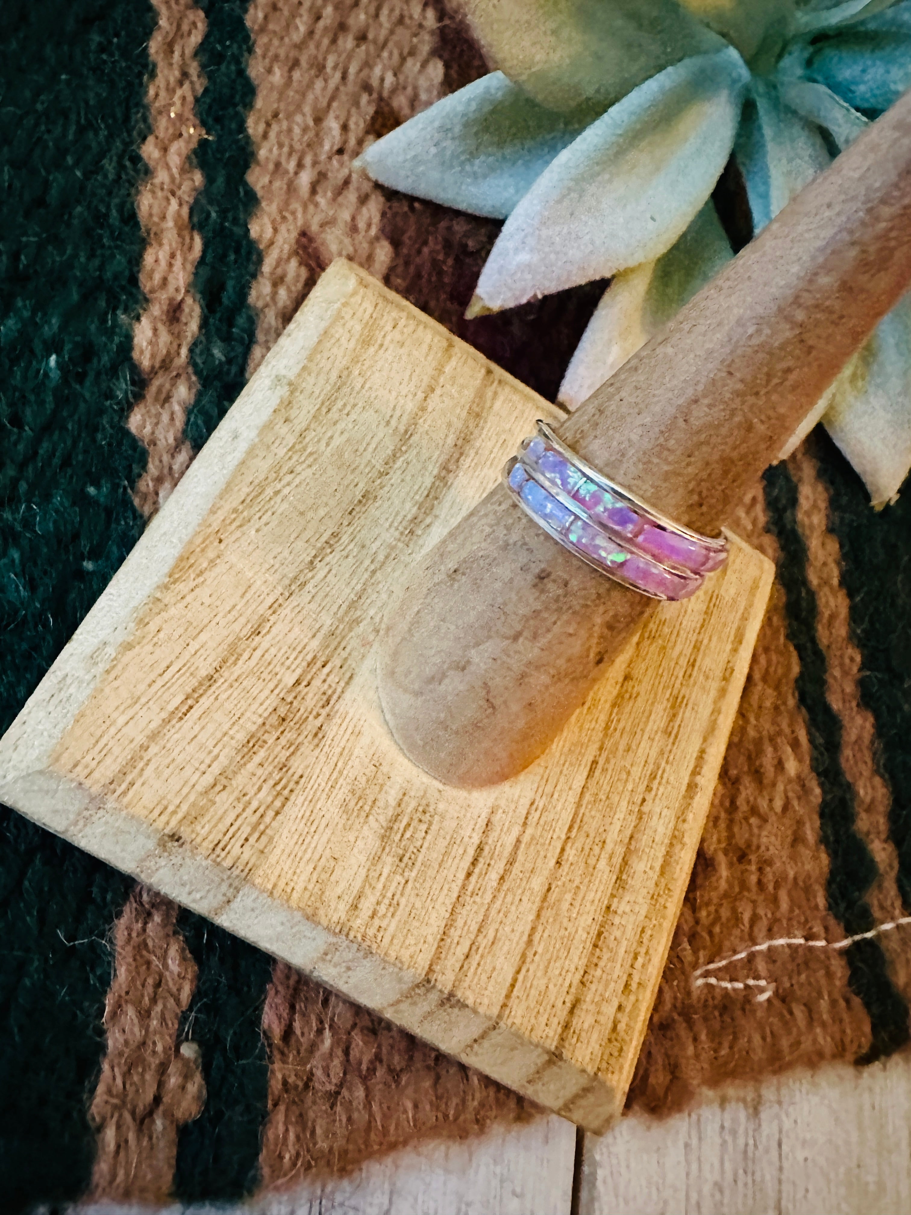 Handcrafted Light Pink Double Opal & Sterling Silver Inlay Band Ring