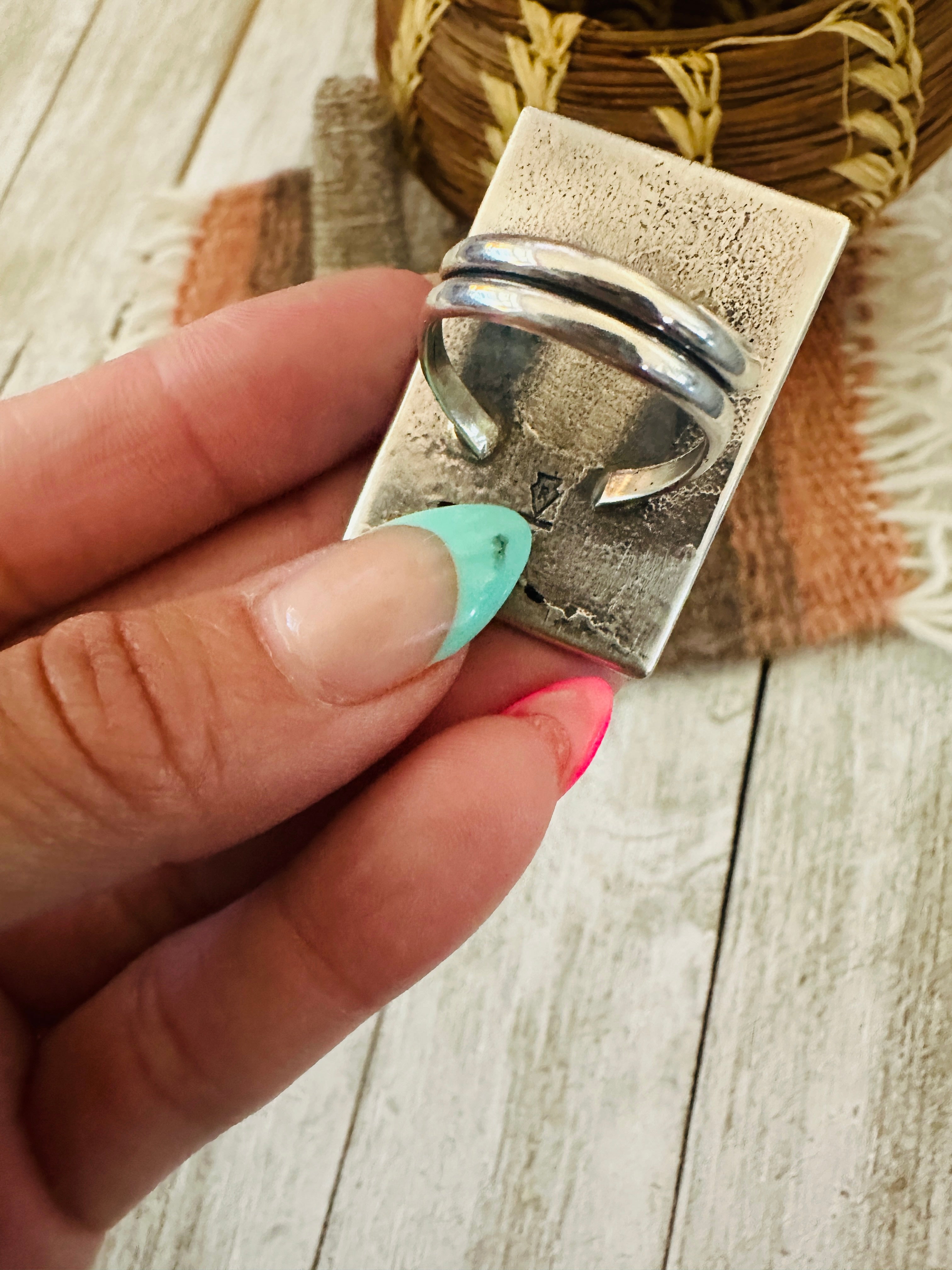 Handcrafted Sterling Silver & Studded Flower Turquoise Ring Size 8