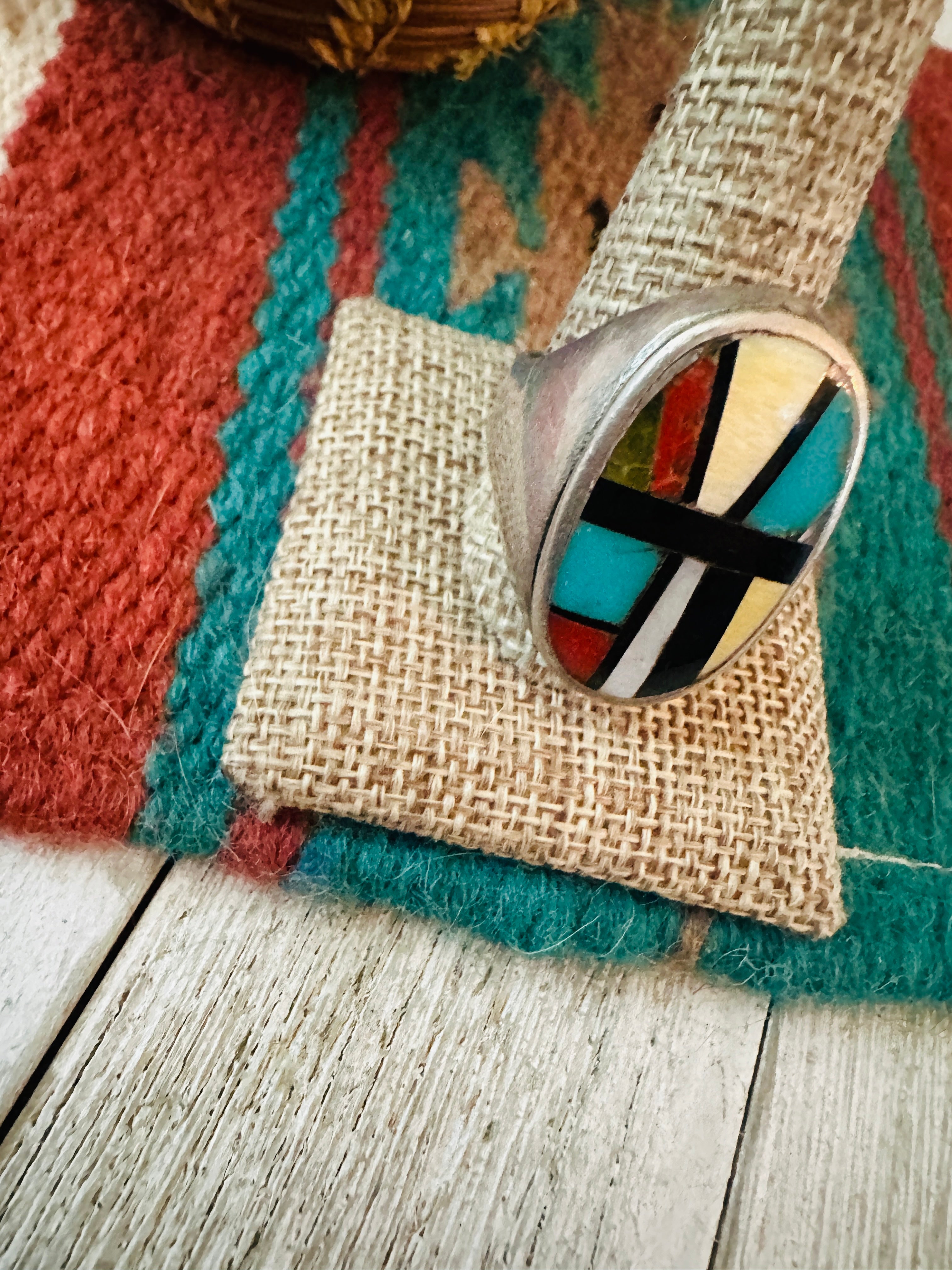 Old Pawn Handcrafted Multi Stone & Sterling Silver Inlay Ring Size 12