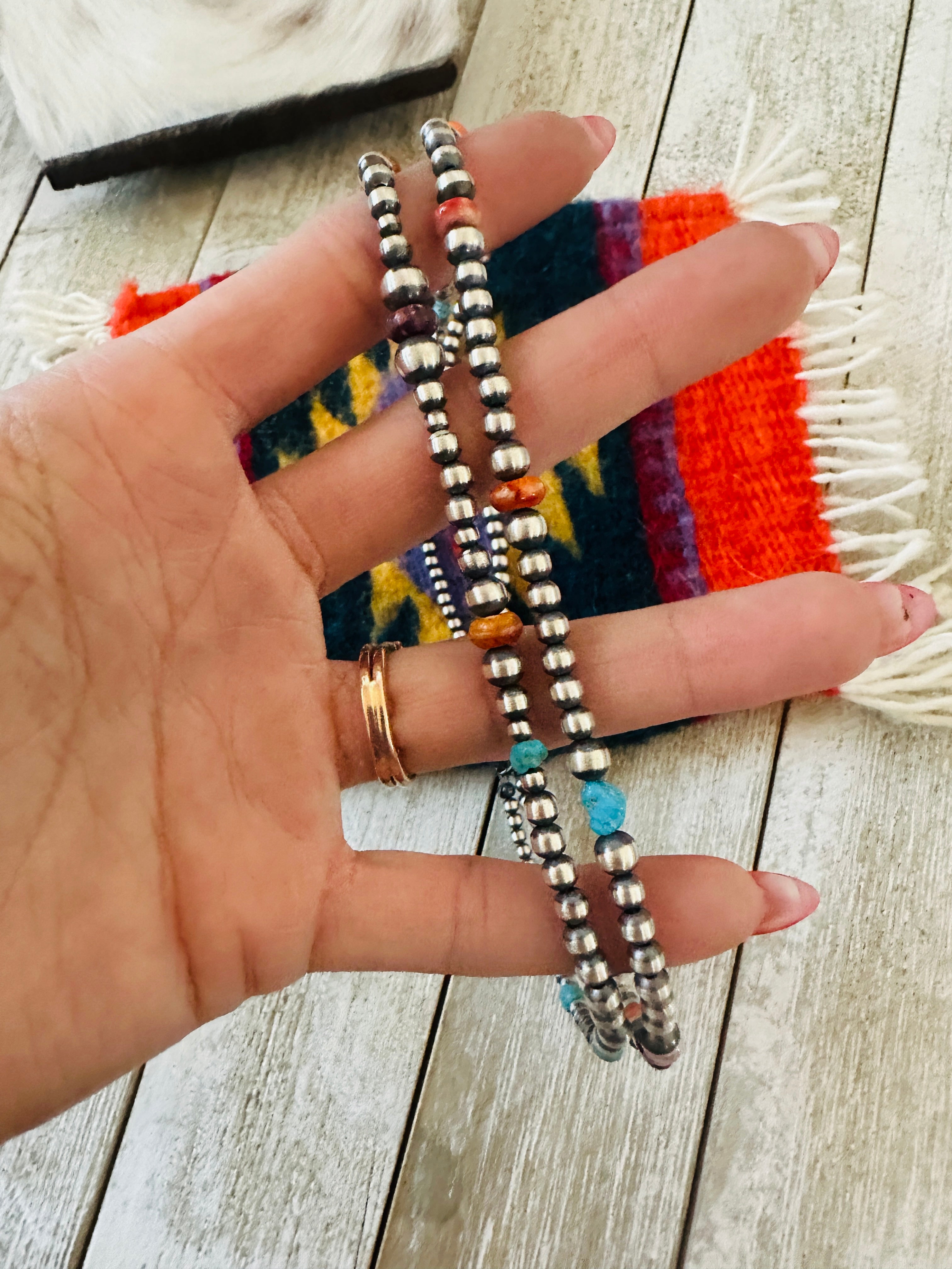 Handcrafted Sterling Silver, Spiny Oyster & Turquoise Beaded Necklace