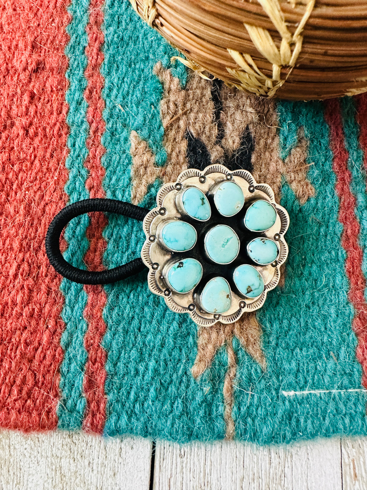 Handcrafted Turquoise & Sterling Silver Cluster Hair Tie