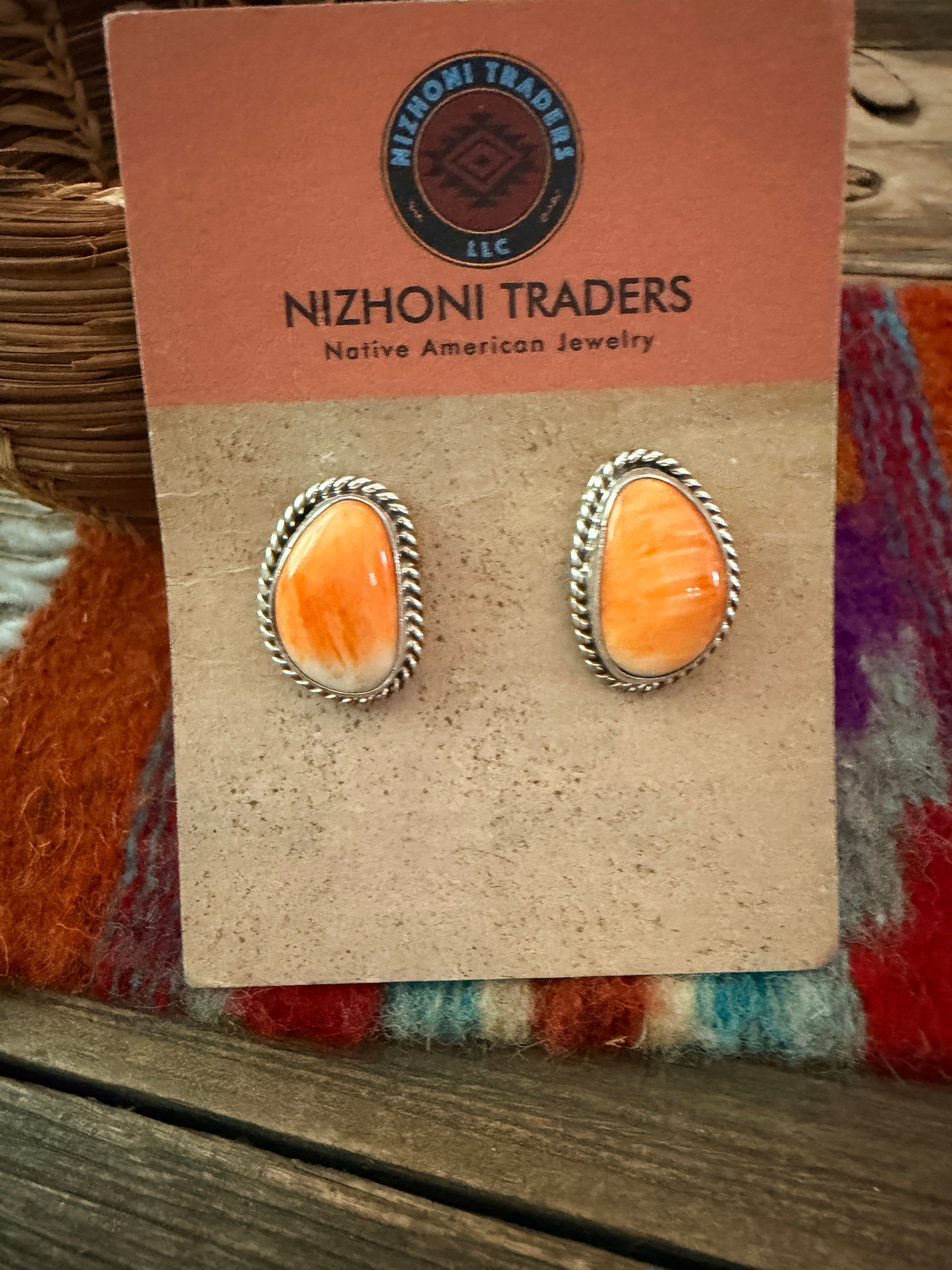 Handcrafted Orange Spiny & Sterling Silver Stud Earrings